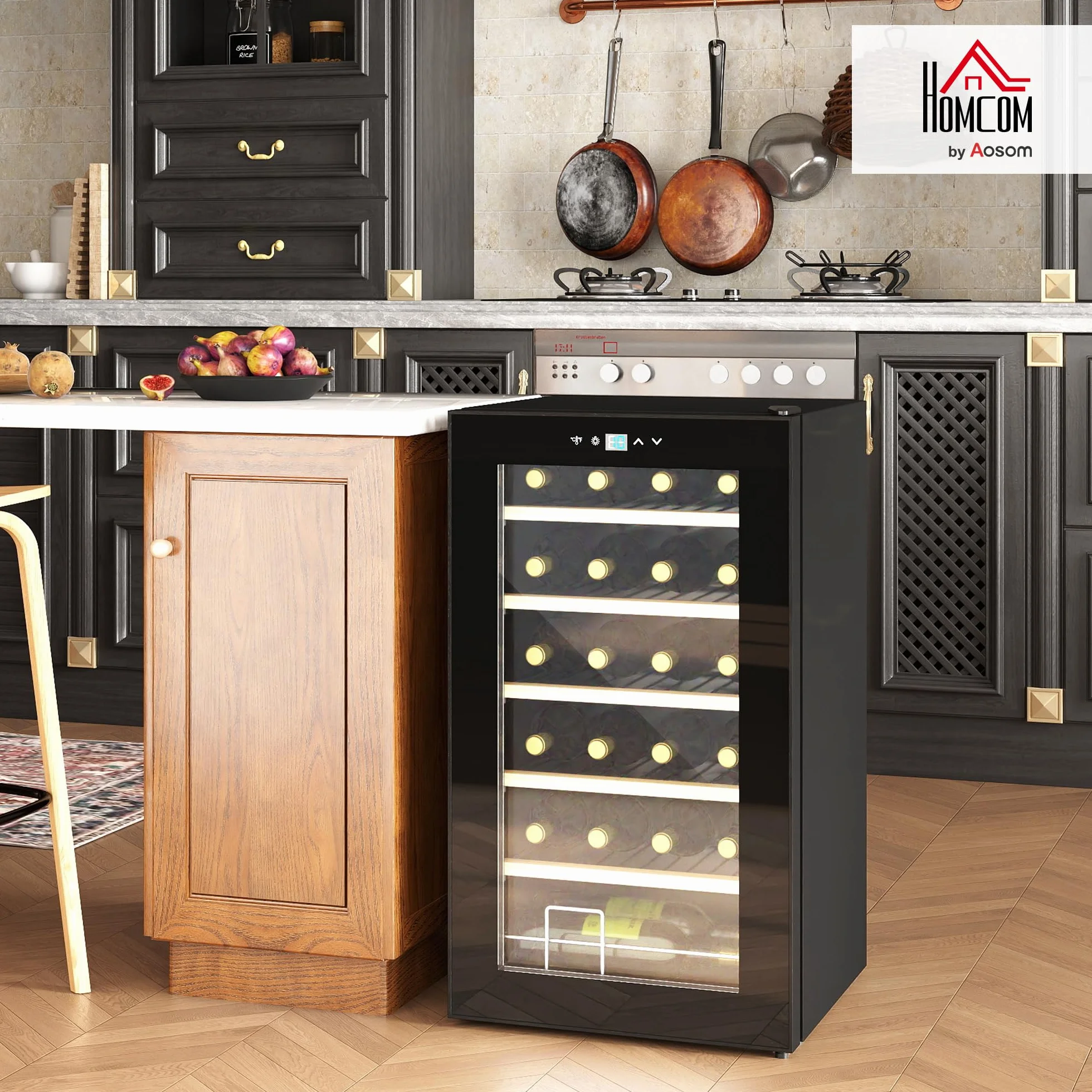 HOMCOM Nevera Vinos 24 Botellas 65L Vinoteca con Luz LED Interior Pantalla Táctil Digital Control de Temperatura Puerta de Vidrio y 5 Estantes de Metal Negro