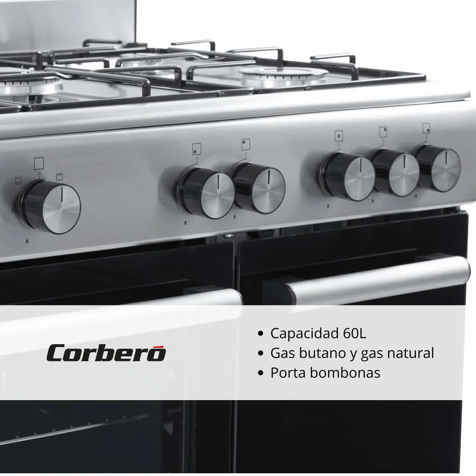Corbero - Cocina de gas butano 5 fuegos | CC510GB90X | 80x90x60 | Horno de 60L con puerta doble | Wok en medio| Encendido Manual | Cajón calientaplatos| Bandeja y parrilla cromados |Con tapa| Inox