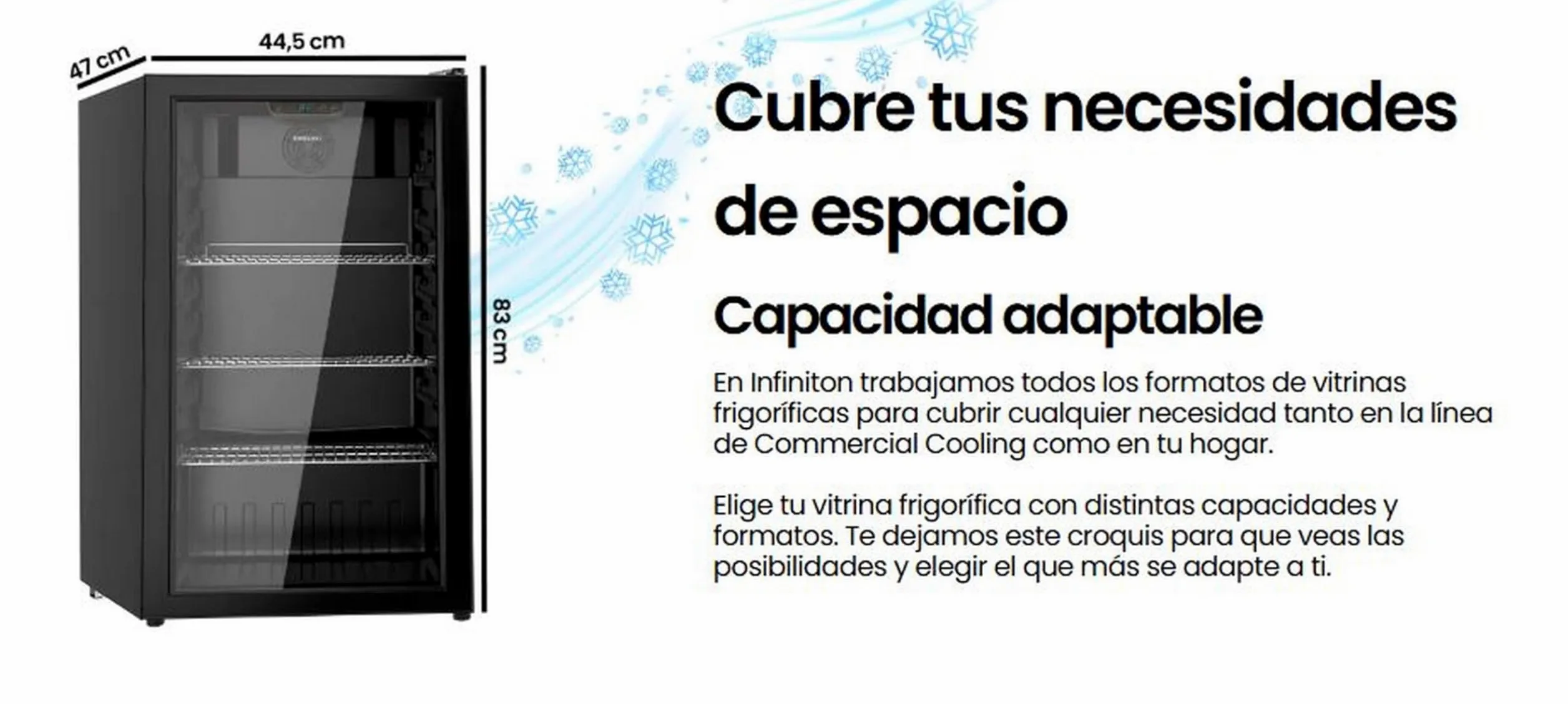 INFINITON Vitrina Frigorifica FTS-90L85NEG, 90 Litros, Altrua 83 cm, Fan ADD Cooling, 3 Estanterias, Led Interior, Doble Cristal, negro, E