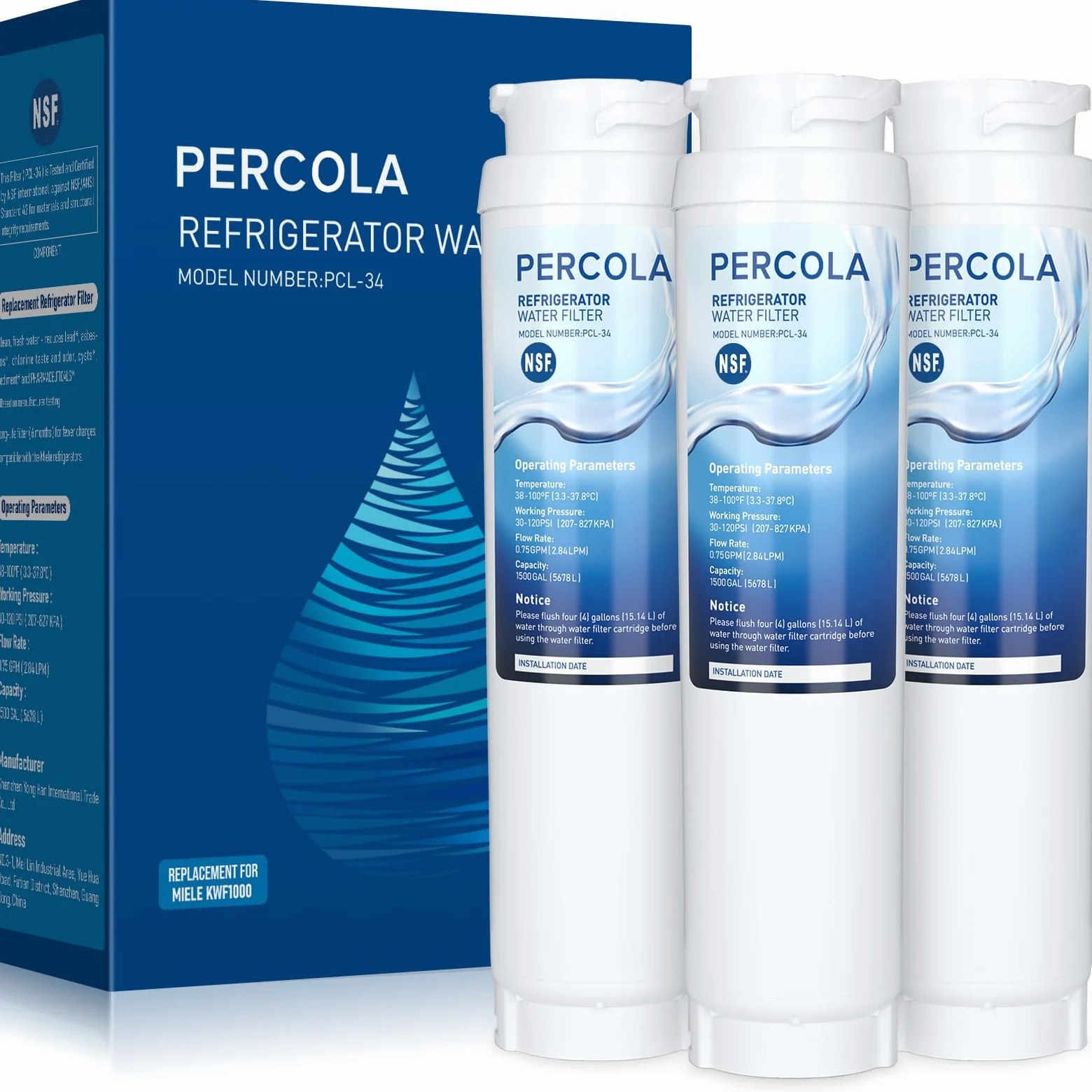 Filtro de agua KWF1000, certificado NSF 42 y 372, paquete de 3 | Filtro de agua transparente intensivo Miele 11513640 KWF1000 para electrodomésticos Master Cool con máquina de hielo