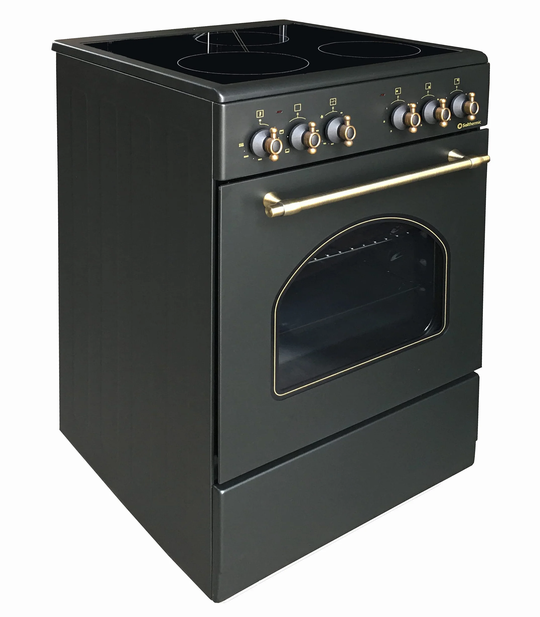 COCINA VITROCERÁMICA VTC50NEGRA CON HORNO ELECTRICO SOLTHERMIC NEGRA RÚSTICA ACABADOS DORADOS/50 CM ancho, 3 FUEGOS/HORNO ELECTRICO