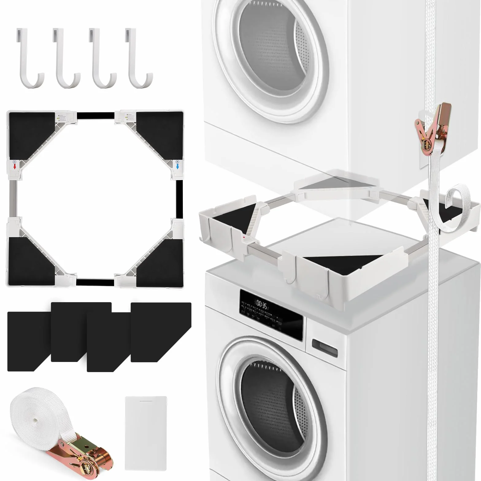 Kit de Unión Universal para Lavadora y Secadora, Kit Apilado Universal con Cuerda de Trinquete y 4 Ganchos, Marco Intermedio Universal para Lavadora y Secadora, tamaño Ajustable (45-68 cm)