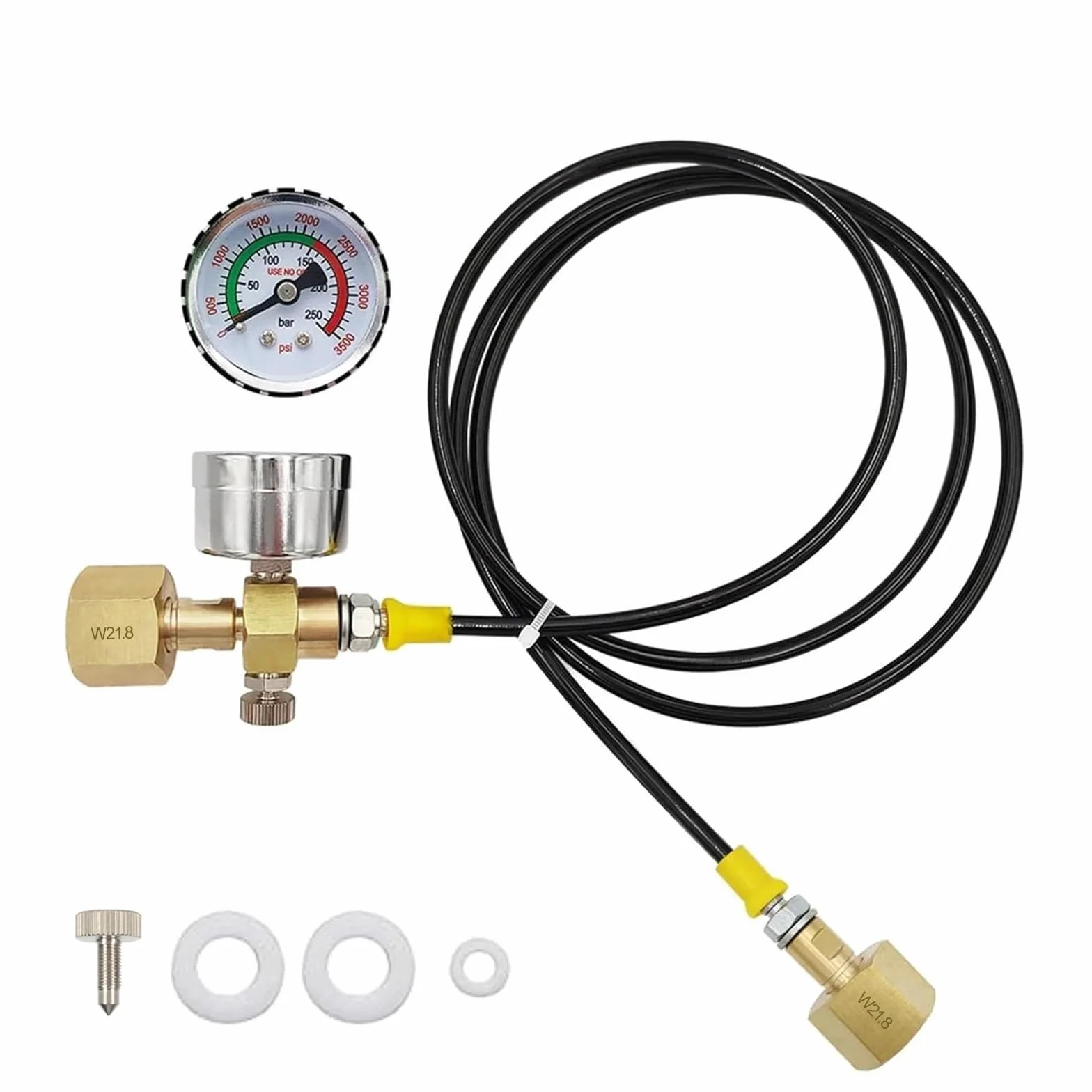 Manguera de CO2 1.5m W21.8-14 DIN477, Adaptador de Tanque de CO2 con Manómetro de 3500 PSI y Válvula de Alivio de Presión para Estaciones de Llenado de CO2 y Suministro de Argón y Nitrógeno