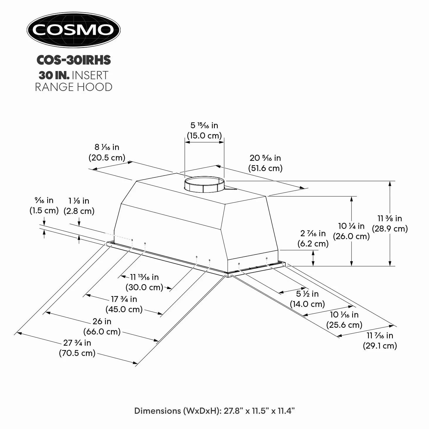 COSMO COS-30IRHS - Campana extractora Lumin Collection 380 CFM con conductos, controles táctiles, luces LED, acero inoxidable