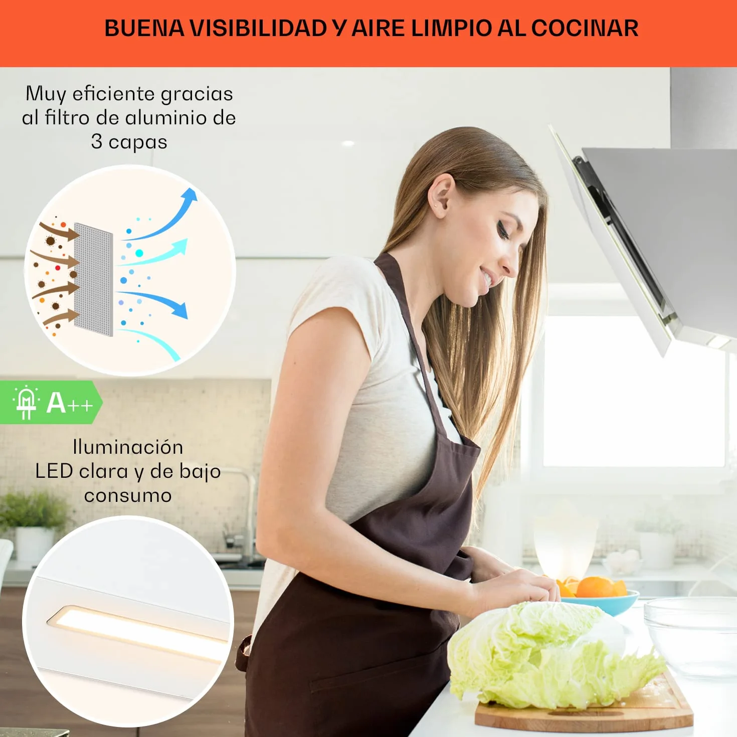Klarstein Campana Extractora 90 cm, Campanas Extractoras, Extractor de Cocina con Filtro Anti Grasa, loT/Wi-Fi, Luces RGB LED, Flujo de Aire 514m³/h, Campana Bajo Consumo Silenciosa de Clase A++