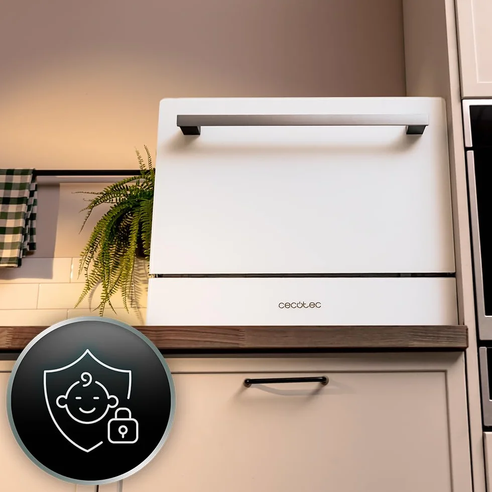 Cecotec Lavavajillas Compacto 6 Cubiertos Bolero Aguazero 2400 White Glass. 1380W, Acabado Cristal Blanco, 5 Programas, Control Panel Táctil, Programable hasta 24h, Child Lock y Cesta para Cubiertos