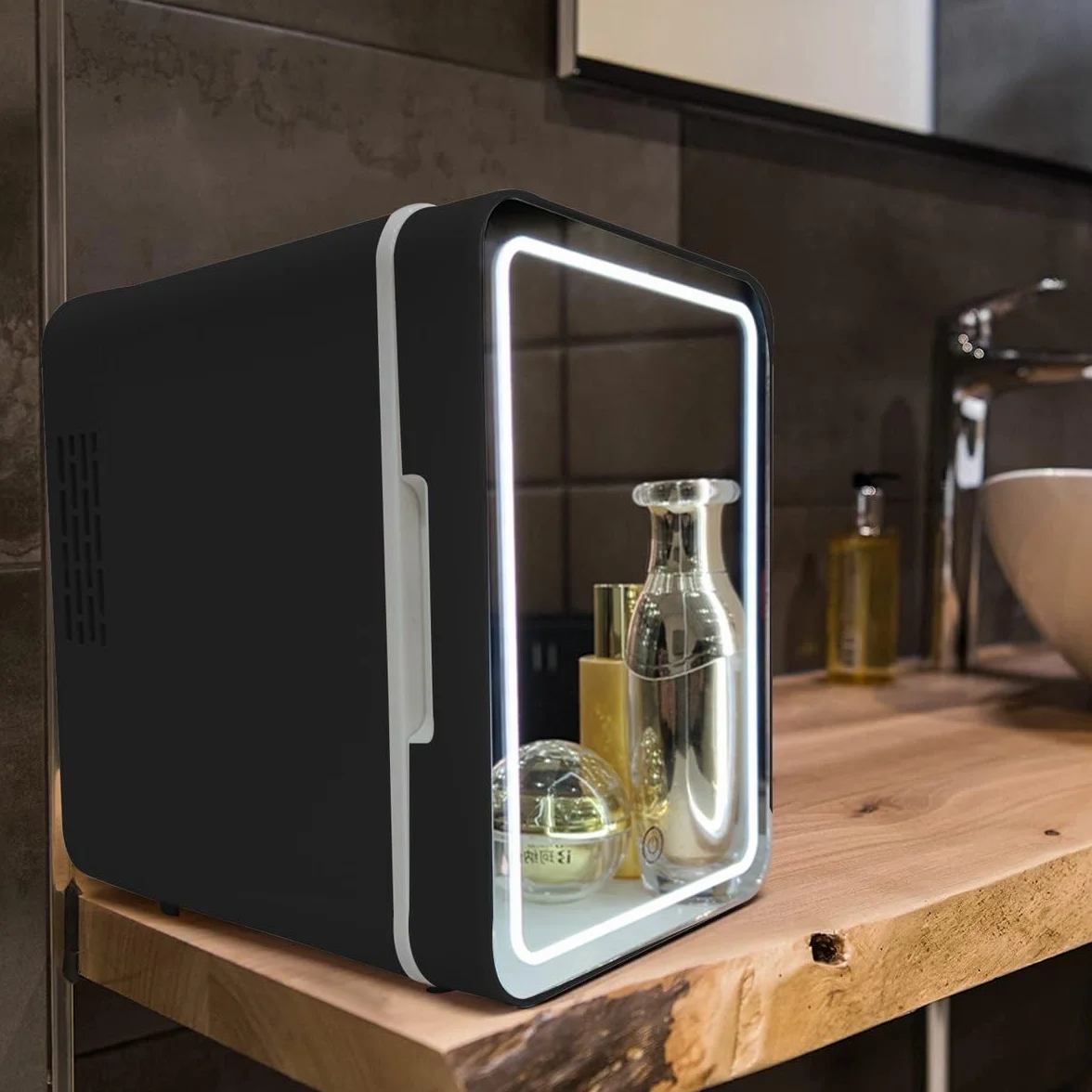 Olvy Mini Nevera Cosmética de 4 Litros, Frigorífico Portátil con Espejo LED, Mini Frigorífico para Cuidado de la Piel, Enfría y Calienta, para Dormitorio, Negro