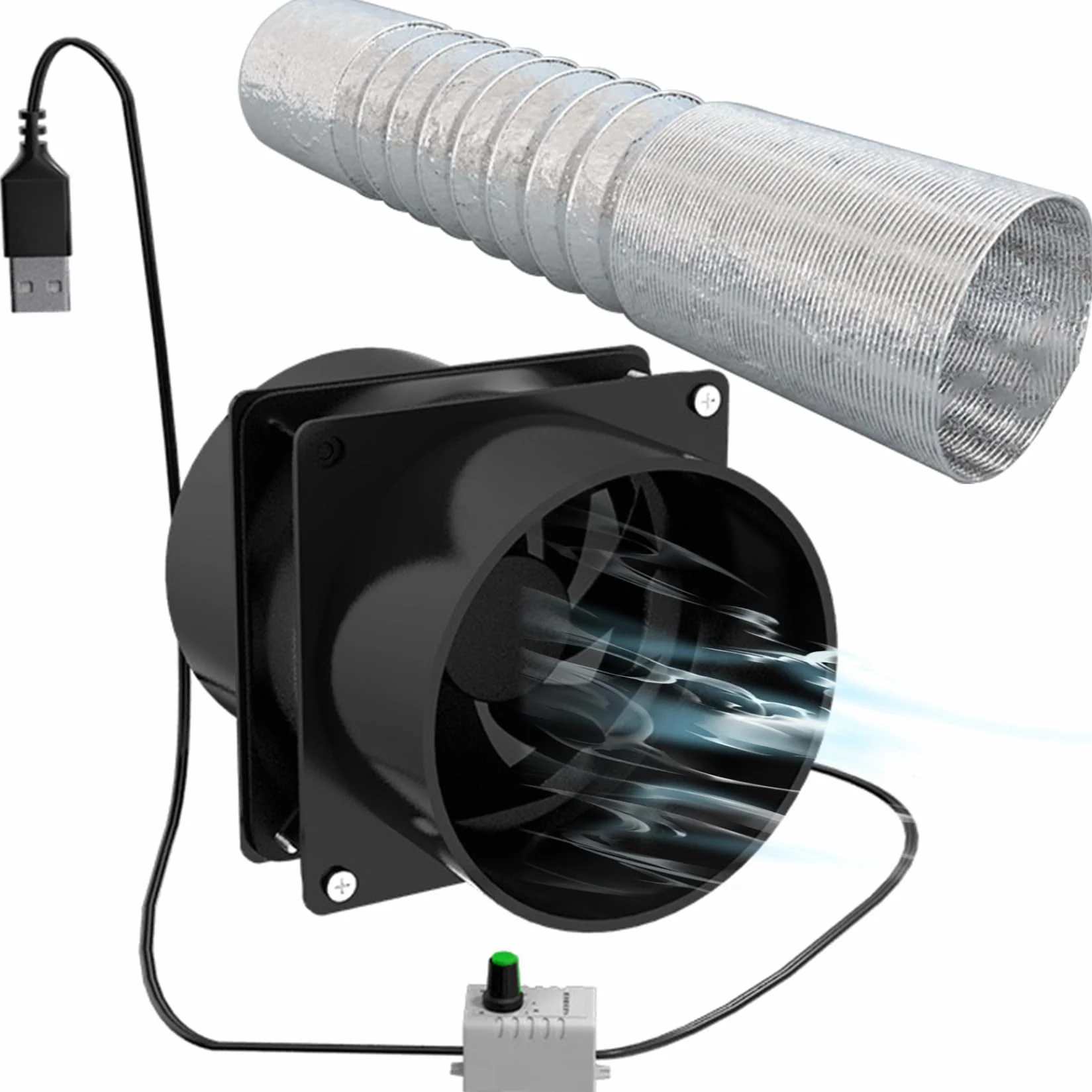 Extractor de aire portátil con manguera de conducto de 3.3 ft ventilador de ventilación ajustable USB potente ventilador de escape de motor sin escobillas de 5 V 2 A para cocina y baño
