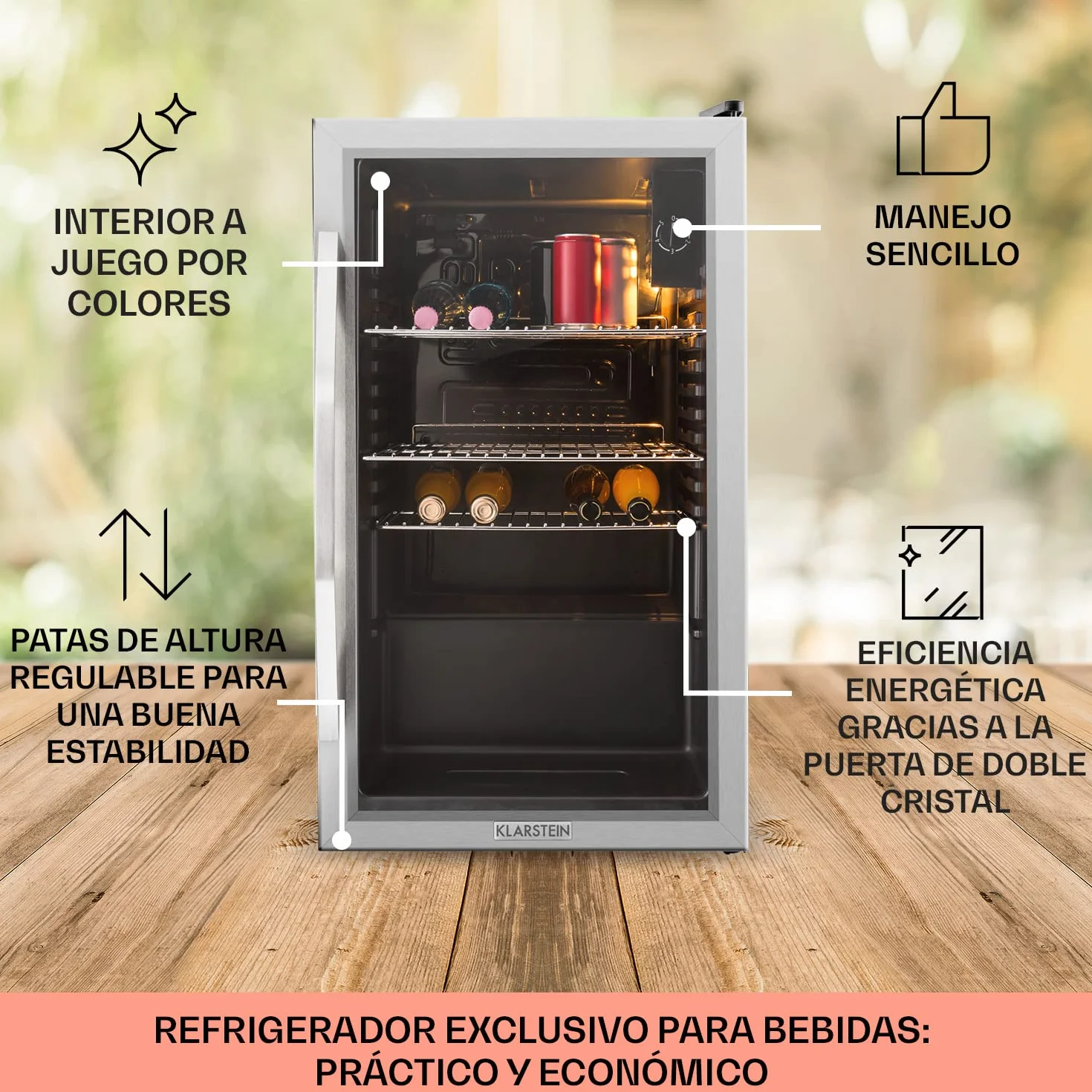 KLARSTEIN Mini Nevera Pequeña con Puerta de Cristal para Habitaciones, 80 L, Frigorifico Portatil Electrico con Estantes para Bebidas