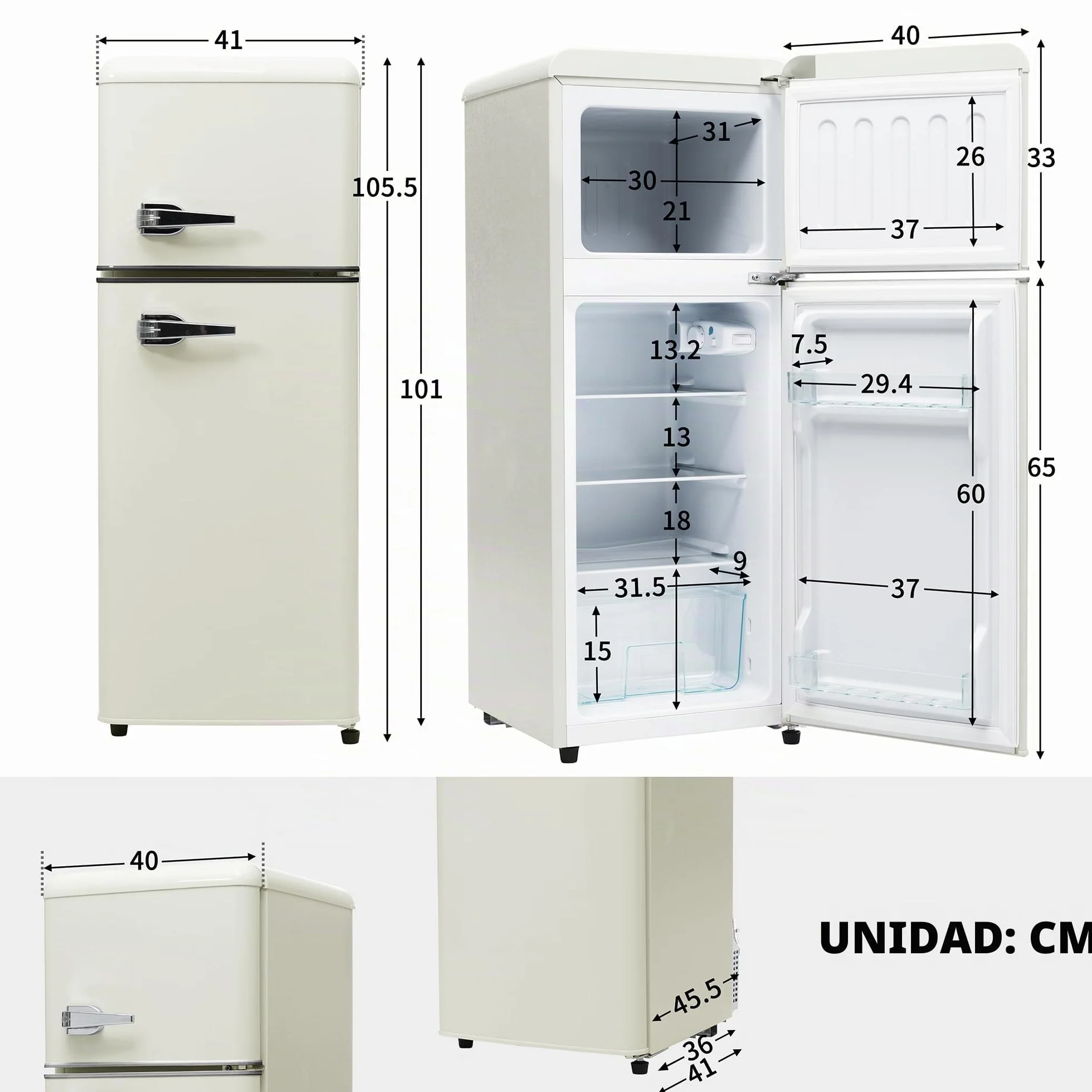 Merax Frigorífico de 2 puertas, 92 litros, congelador 28 l, 105,5 cm de altura, LED, estantes de vidrio ajustables, 116 kWh/año, silencioso 45 dB, compacto y energéticamente eficiente, para cocina