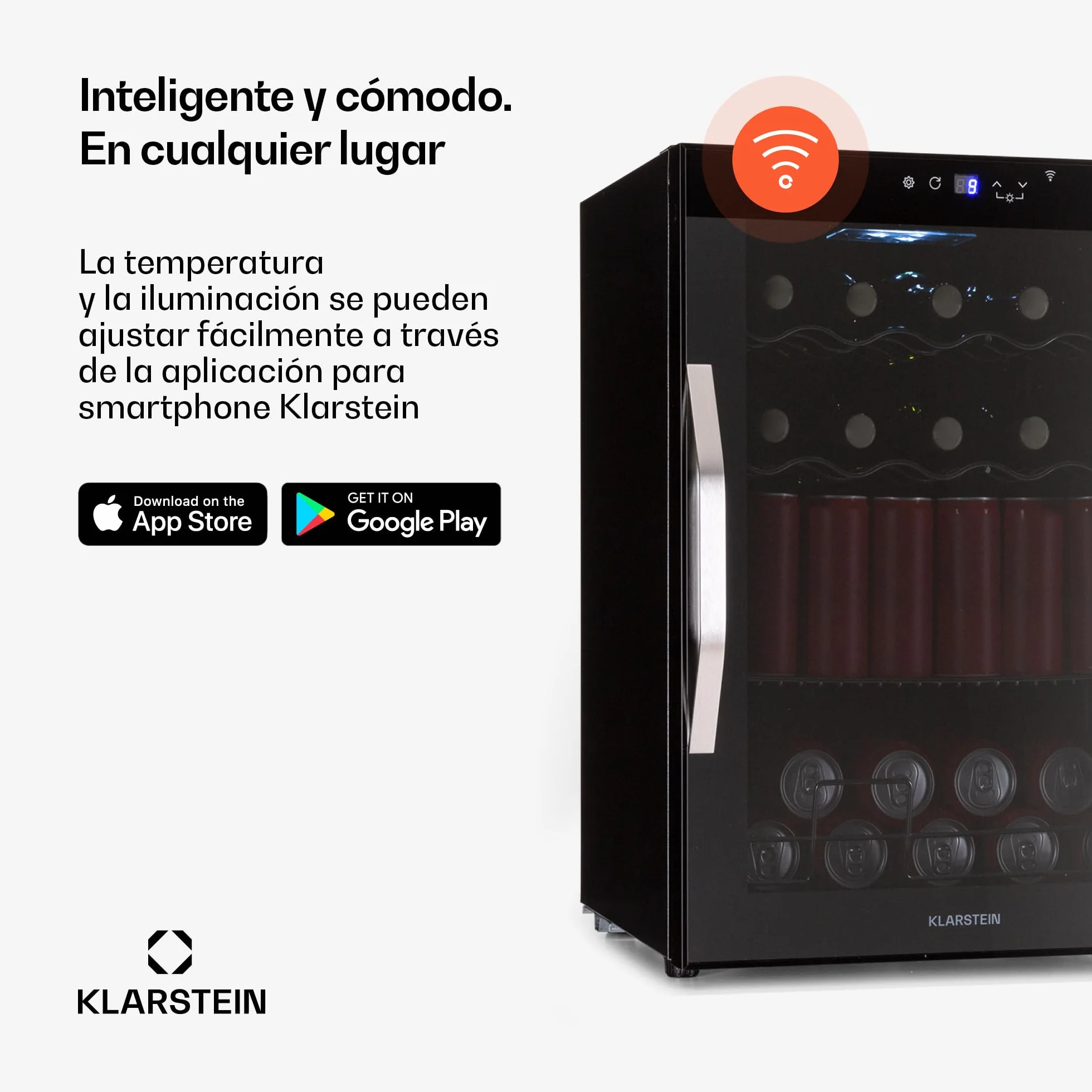 KLARSTEIN Coachella 60 Nevera para Bebidas - 60L Frigorífico para Bebidas con Wifi, Puerta de Cristal, Iluminación Led, 3-18°C, 3 Estantes Metálicos, 7 Colores, Negra