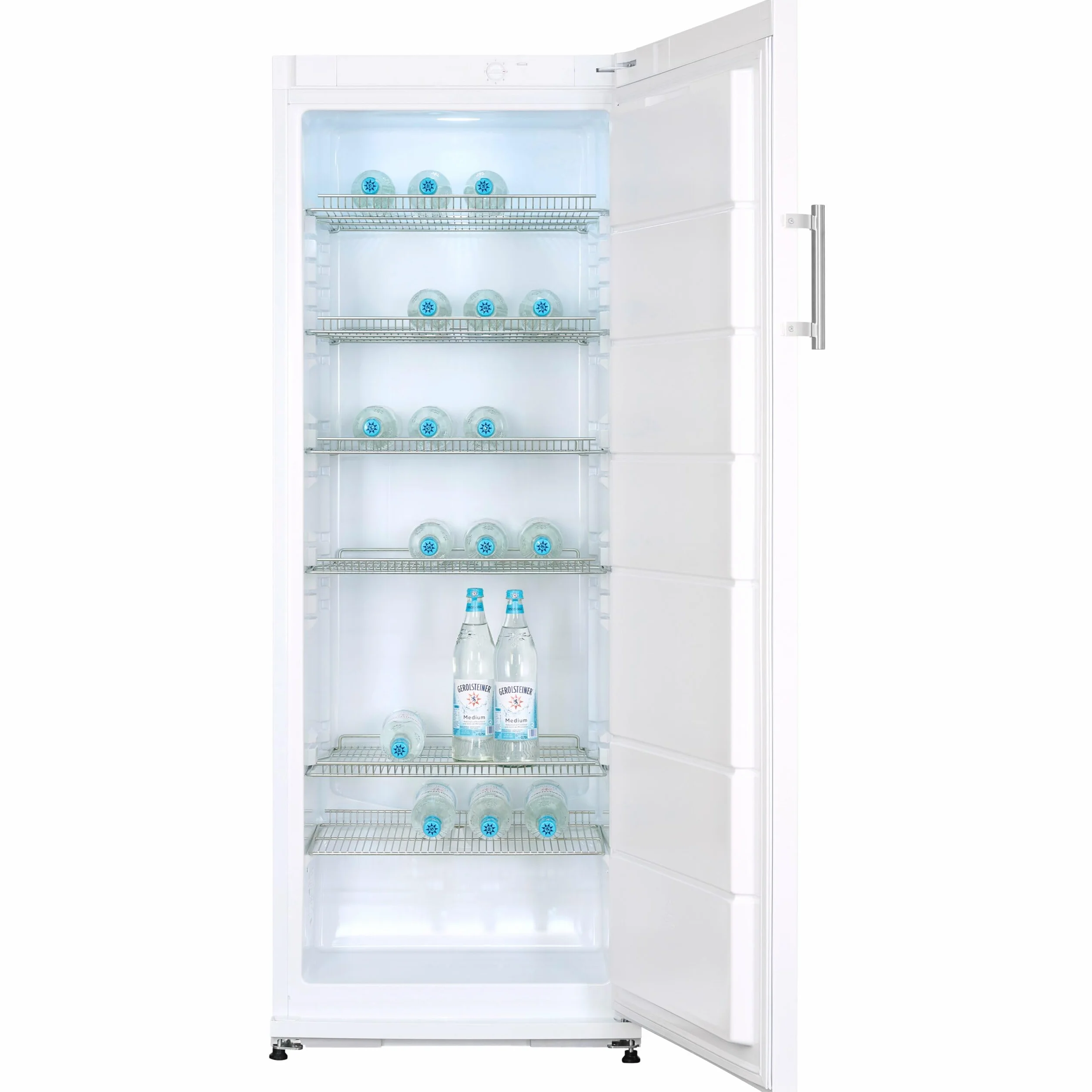 Exquisit® Frigorífico para Bebidas 296L, Color Blanco, Clase E, Puerta Reversible, 6 Estantes de Rejilla, Tirador Externo de Acero, Iluminación LED, Medidas (163,0 x 60,0 x 62,0 cm)