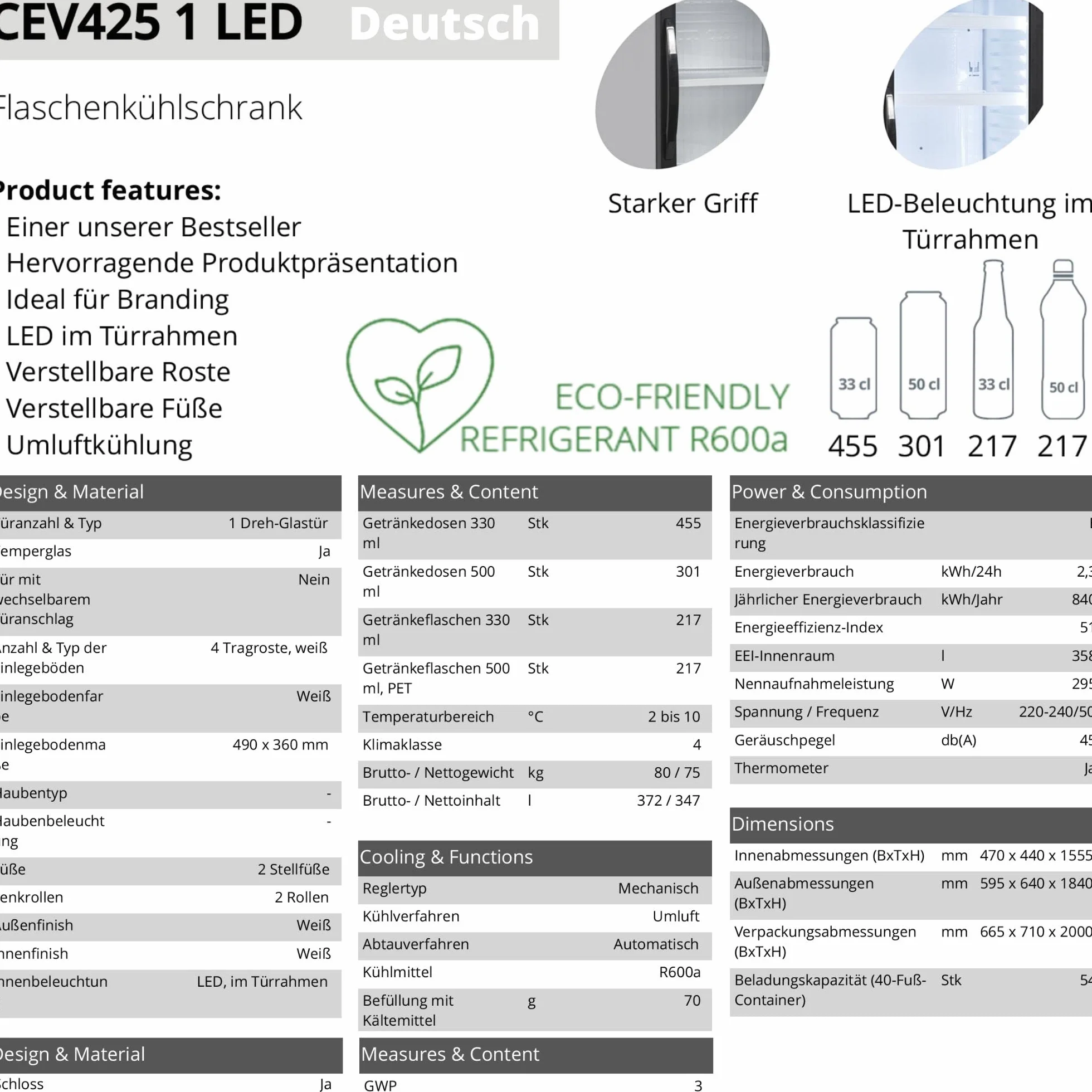 Tefcold CEV425 1 LED Frigorífico para Bebidas, Volumen Bruto 372 L, Nevera Expositora, Frigorífico con Puerta de Cristal, Rango de Temperatura 2 a 10 °C, Luz Interior LED dentro del Marco de Puerta