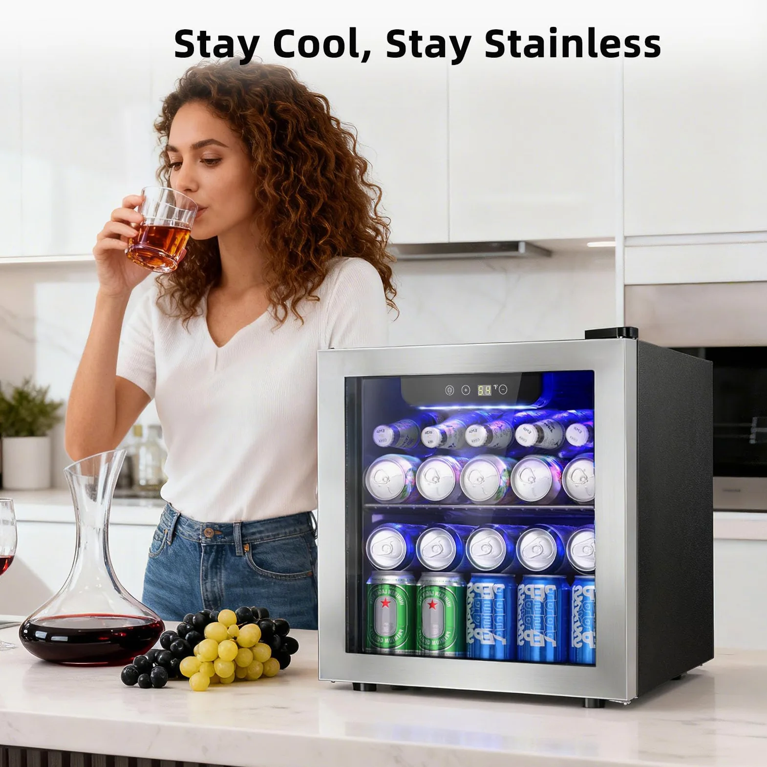 Antarctic Star - Enfriador de bebidas para 48 latas, 12 botellas de vino con puerta de vidrio de acero inoxidable sin costuras, indicador de temperatura digital, control electrónico