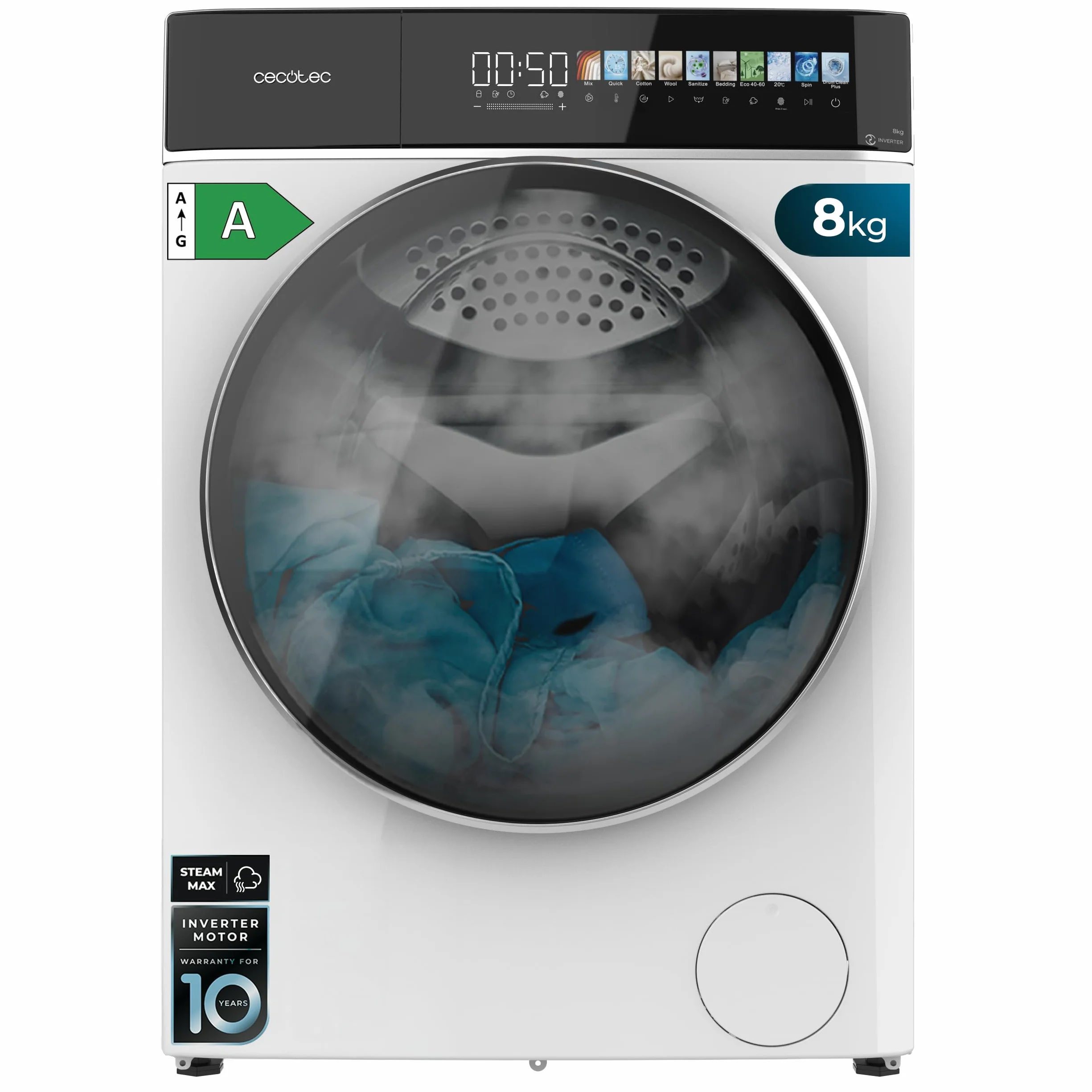 Cecotec Lavadora Secadora 8-5Kg Carga Frontal Bolero Wash&Dry 85900 Inverter A, 1400 rpm, 11 programas, Motor Inverter Plus, pantalla FullColor 10,3", Funciones SteamMax, Stop&Go, Delay End