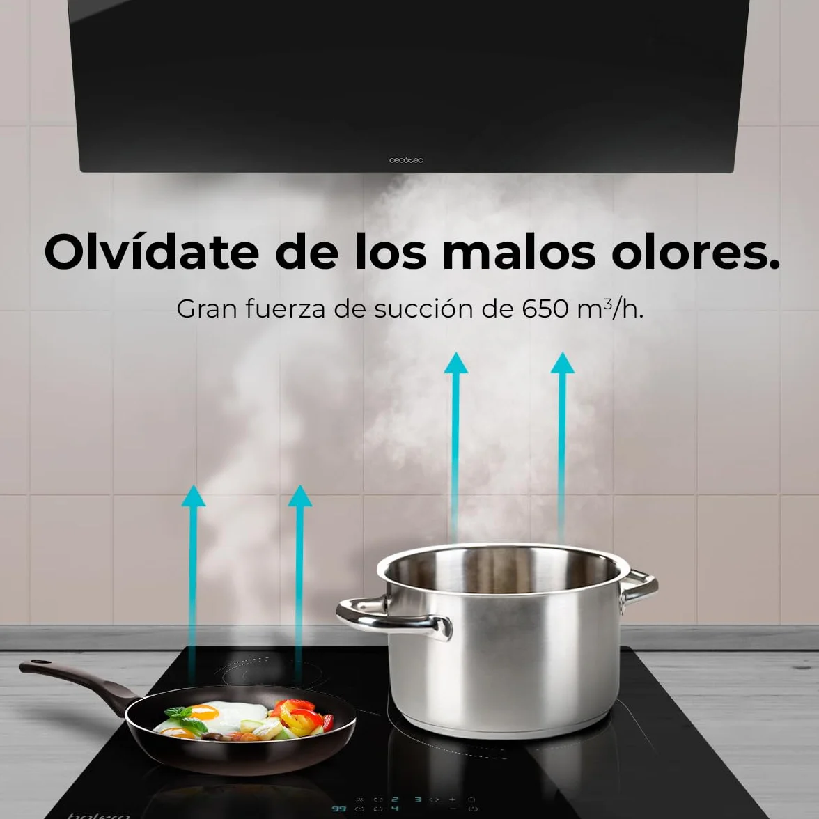 Cecotec Campana Decorativa 90cm Bolero Flux DM 906500 Glass Black 165W 650m3/h Frontal Vidrio Negro Control Mecánico 3 Niveles Potencia