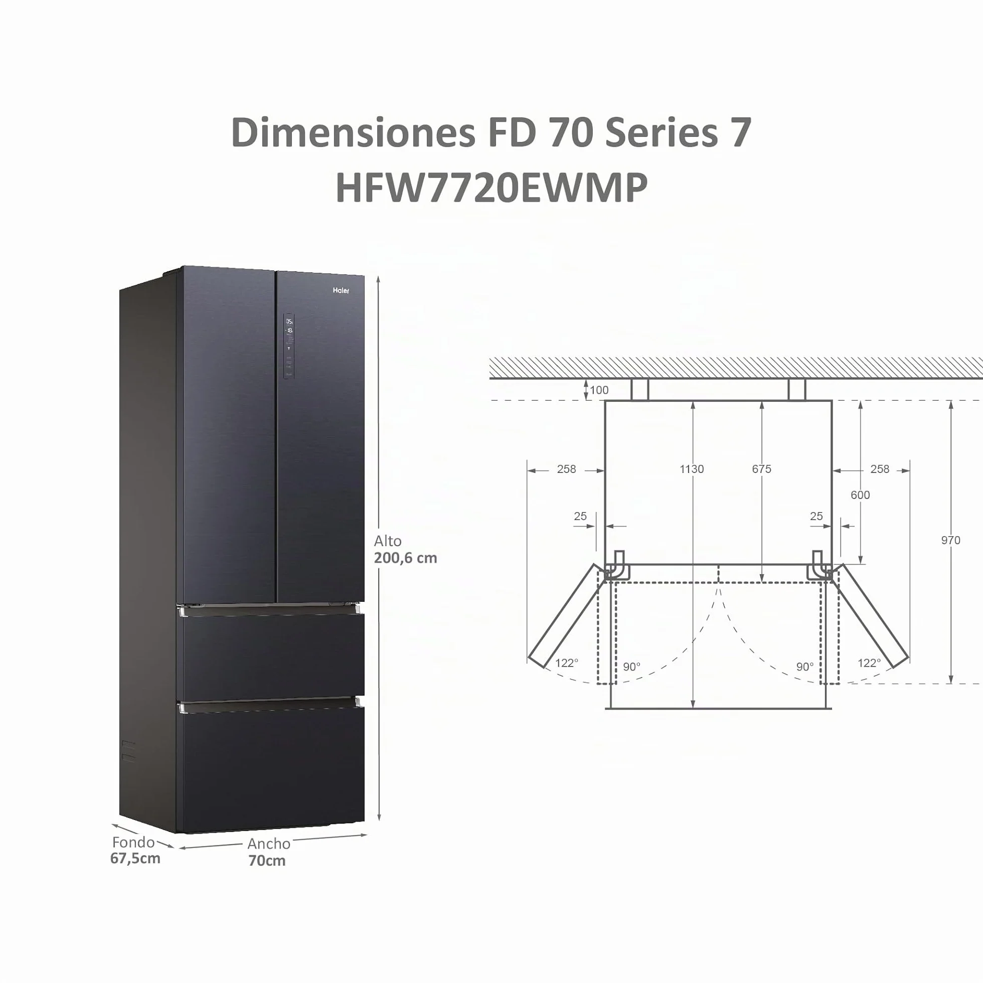 Haier FD 70 Series 7 HFW7720ENMB - Frigorífico Puerta Francesa, Cajones Direct Access, Conexión WIFI, Motor Inverter, My Zone, Cajón Humidity Zone, Total No Frost, Ancho 70cm, Alto 2m, 479L, Negro