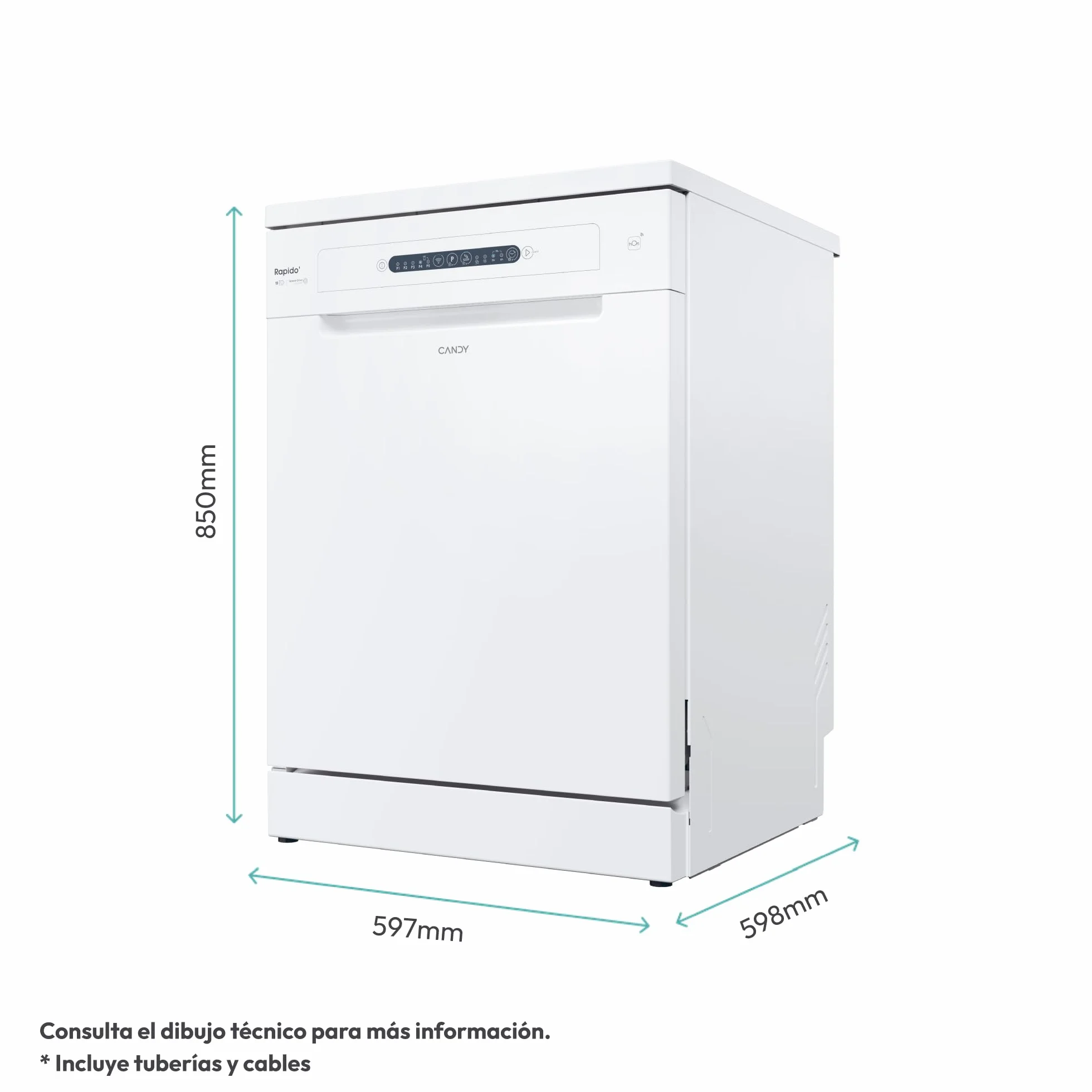 Candy Rapidò CF 3C7L1W Lavavajillas 60 CM, 13 Servicios, Wi-Fi, 5 Programas, Tercera Bandeja, Motor Inverter, Inicio Diferido 3-6-9 H, Indicador Sal y Abrillantador, 47DB, Blanco