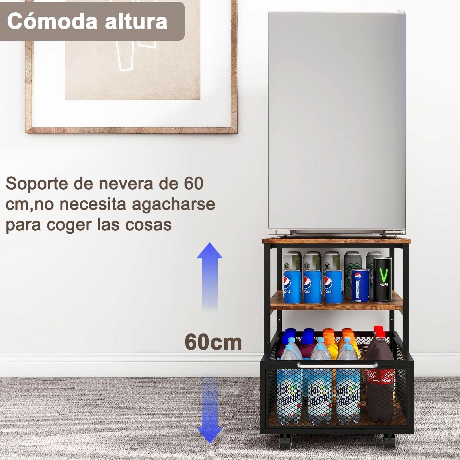 PUNCIA Soporte para Mini Nevera 3 Niveles con Cesta Metálica para Oficina | Mueble Mesa para Frigorífico con Base Móvil para Refrigerador con Ruedas Estante de Almacenamiento con Cajón Cocina Salón