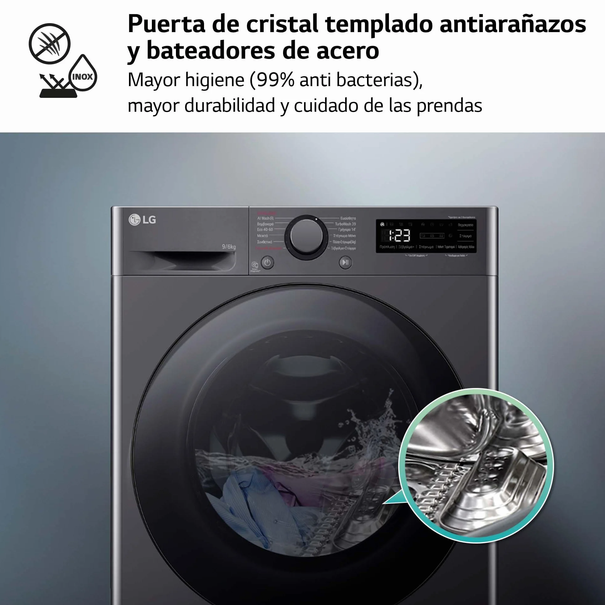 LG F4DR6009AGM Lavadora Secadora Inteligente 9/6kg AI Direct Drive 1400rpm Carga Frontal TurboWash 360º Vapor Steam Serie 600 Inox Grafito