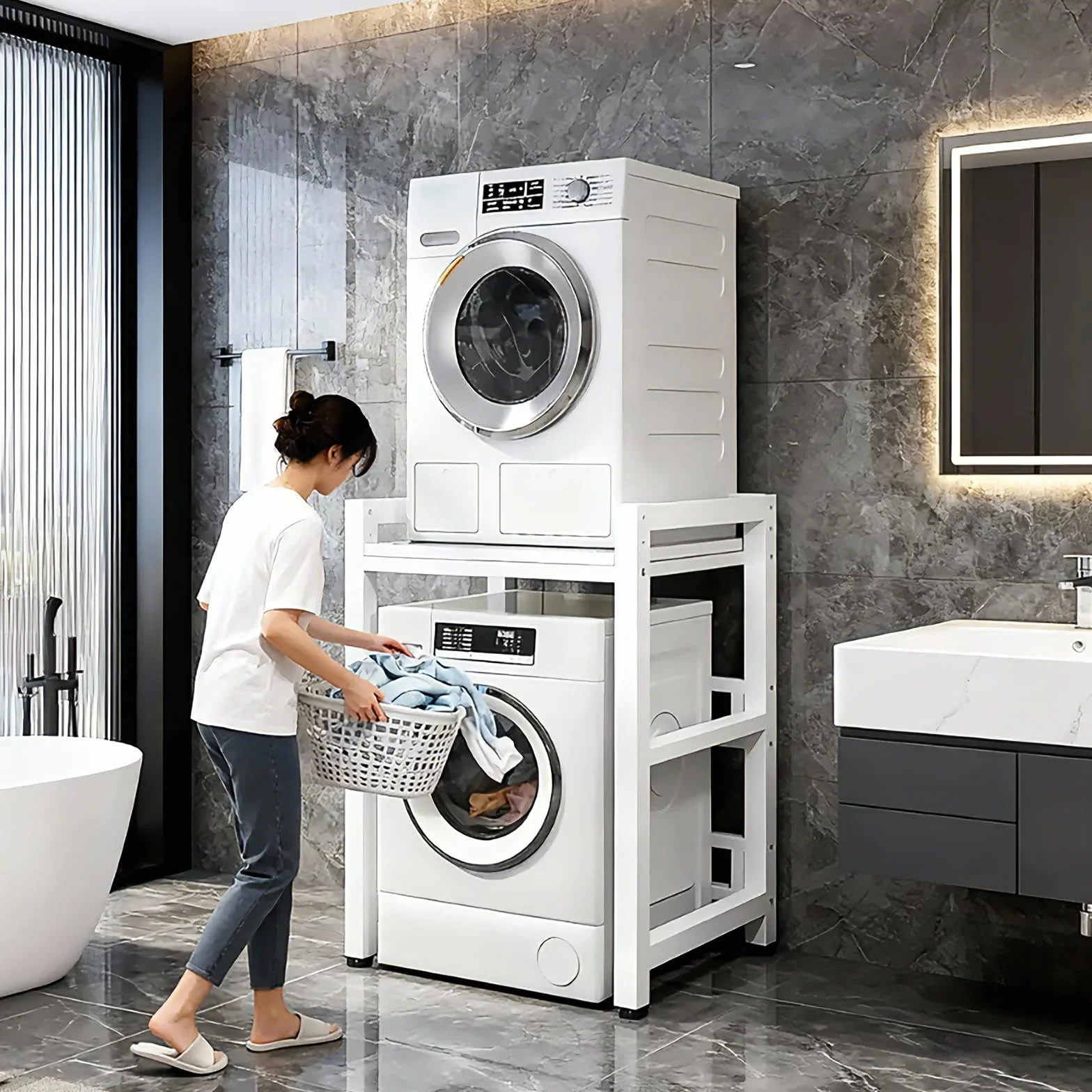 Soportes para lavadoras-secadoras Soporte de Carga 800 Kg, Mueble Para Lavadora y Secadora Ajustable en Altura de 3 Niveles, Tubo Cuadrado de 1mm de Espesor Estanterías para baño (b-b, 75x65x105cm)