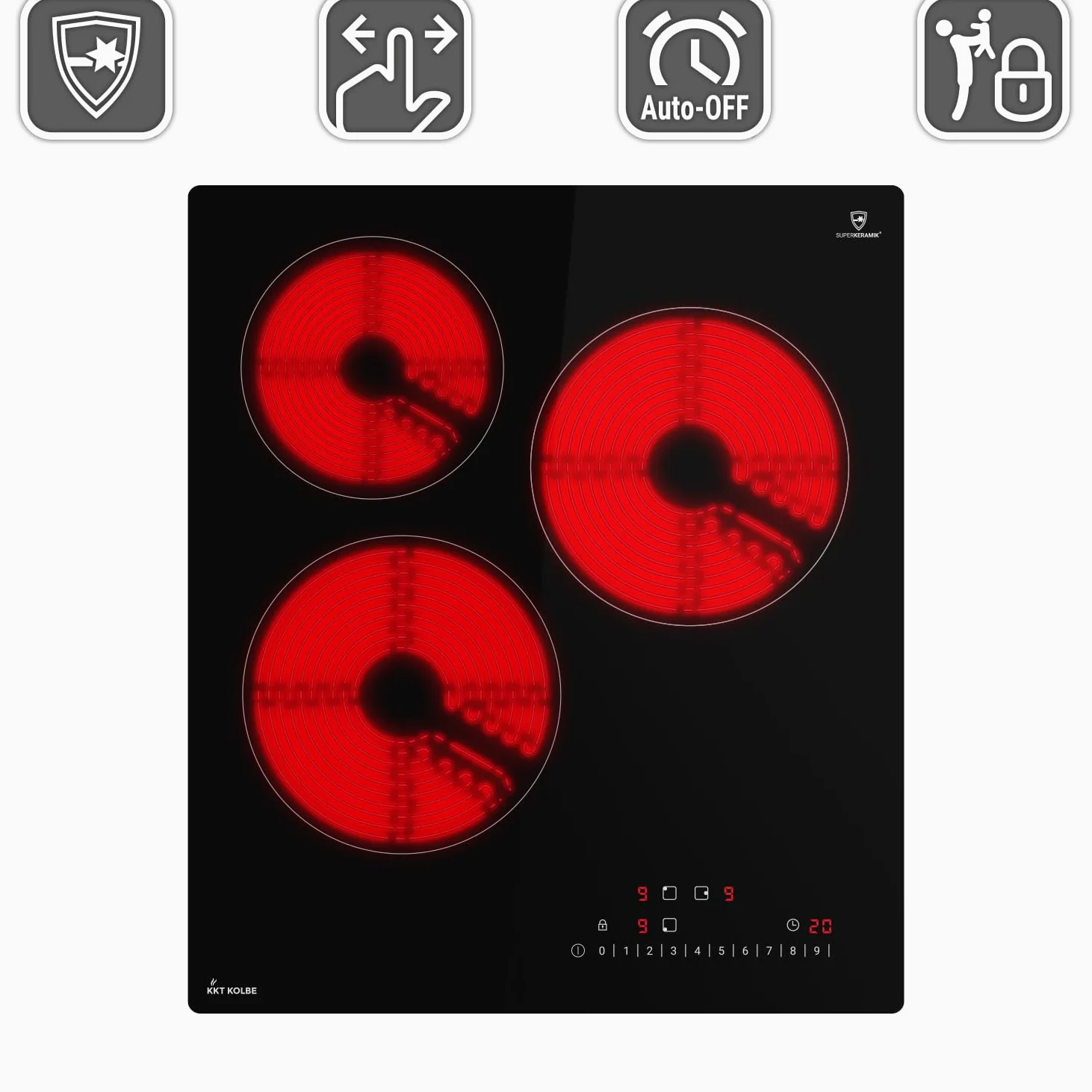 KKT KOLBE Placa vitrocerámica 45 cm autónoma | 3 zonas con resistencias | 9 niveles | sin marco | indicador calor residual | bloqueo de teclas y niños | KF4500RL