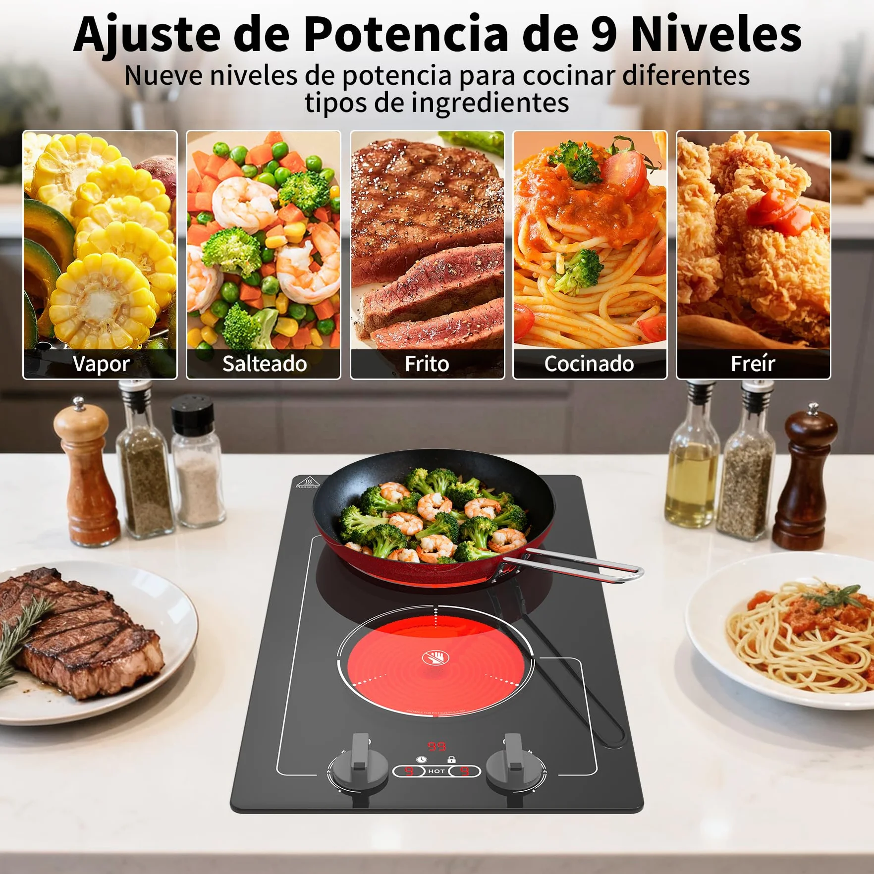 Placa Vitroceramica 2 Fuegos 220V 3000W Portatil con Enchufe, 9 Niveles, Bloqueo Infantil, Temporizador