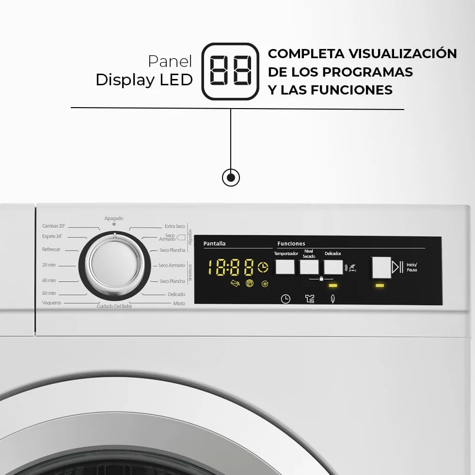 Svan Secadora de Bomba calor 8Kg Carga Frontal Blanco SSB800A2DB. 1000W, 15 Programas, Función Antiarrugas, Display LED manual, Eficiencia Energética Clase A++ [Clase de eficiencia energética A++]