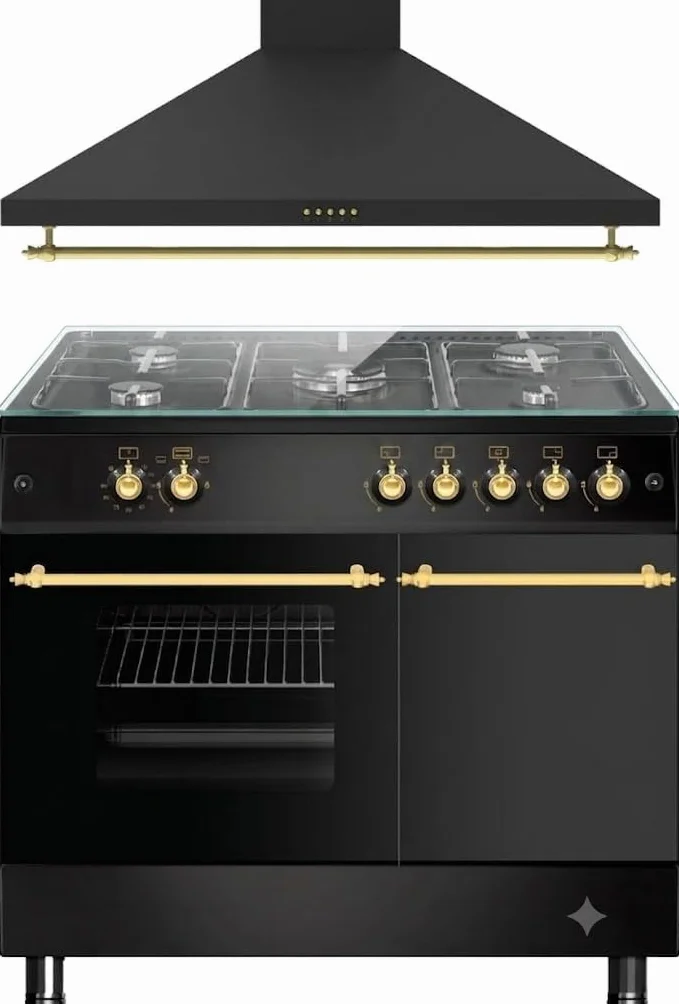 PACK COCINA A GAS F9LT50G2 PORTABOMBONA NEGRA RÚSTICA + CAMPANA DECORATIVA NEGRA RÚSTICA/ANCHO 90 CM/FUEGOS CON ENCENDIDO AUTOMATICO/HORNO 64 L.