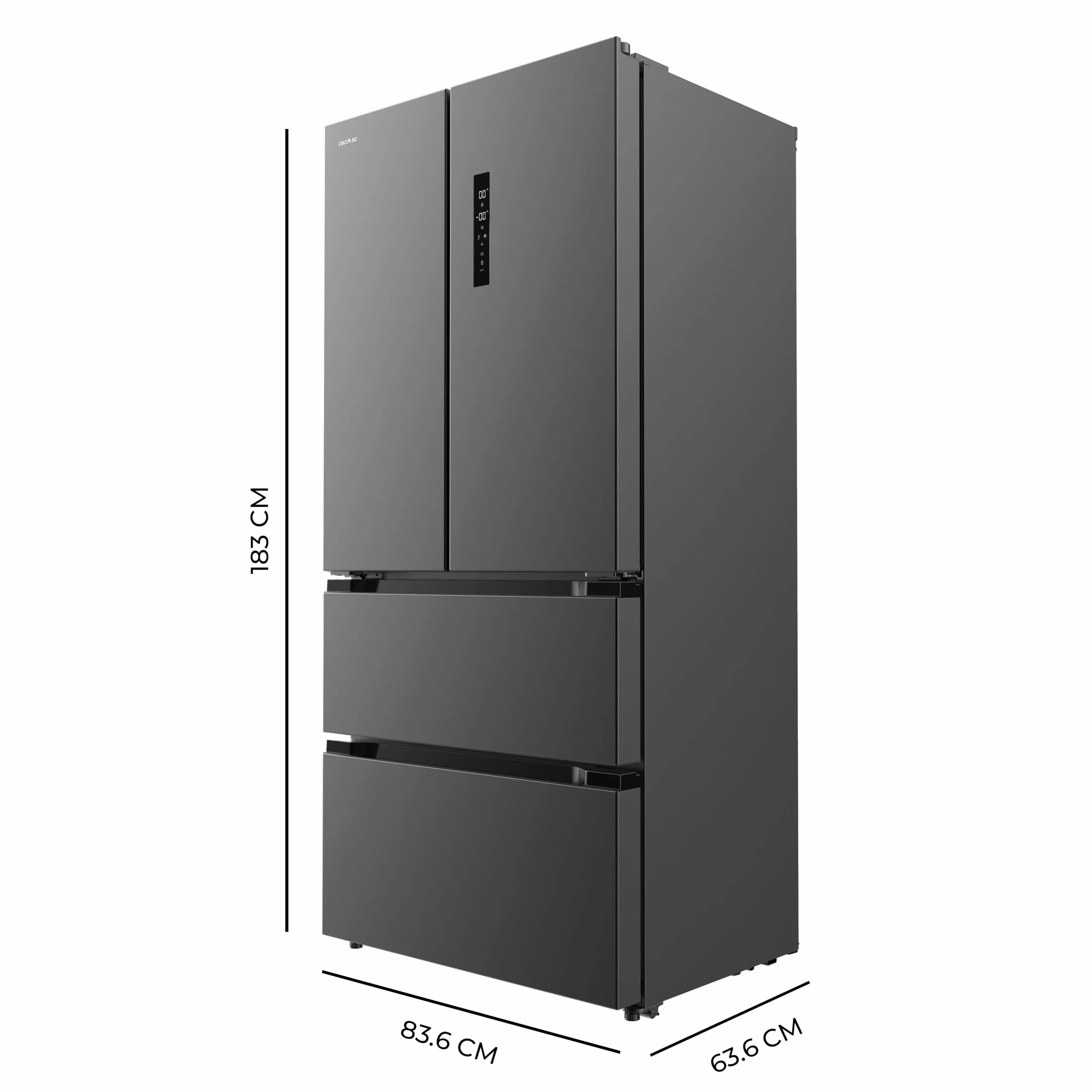 Cecotec Frigorífico puerta francesa Bolero CoolMarket FD 436 Dark E. Compresor Inverter Plus Frigorífico 4 Puertas Estilo Francés Dark 183X84Cm, 510L, No Frost, Clase Energética E, Metal Cooling