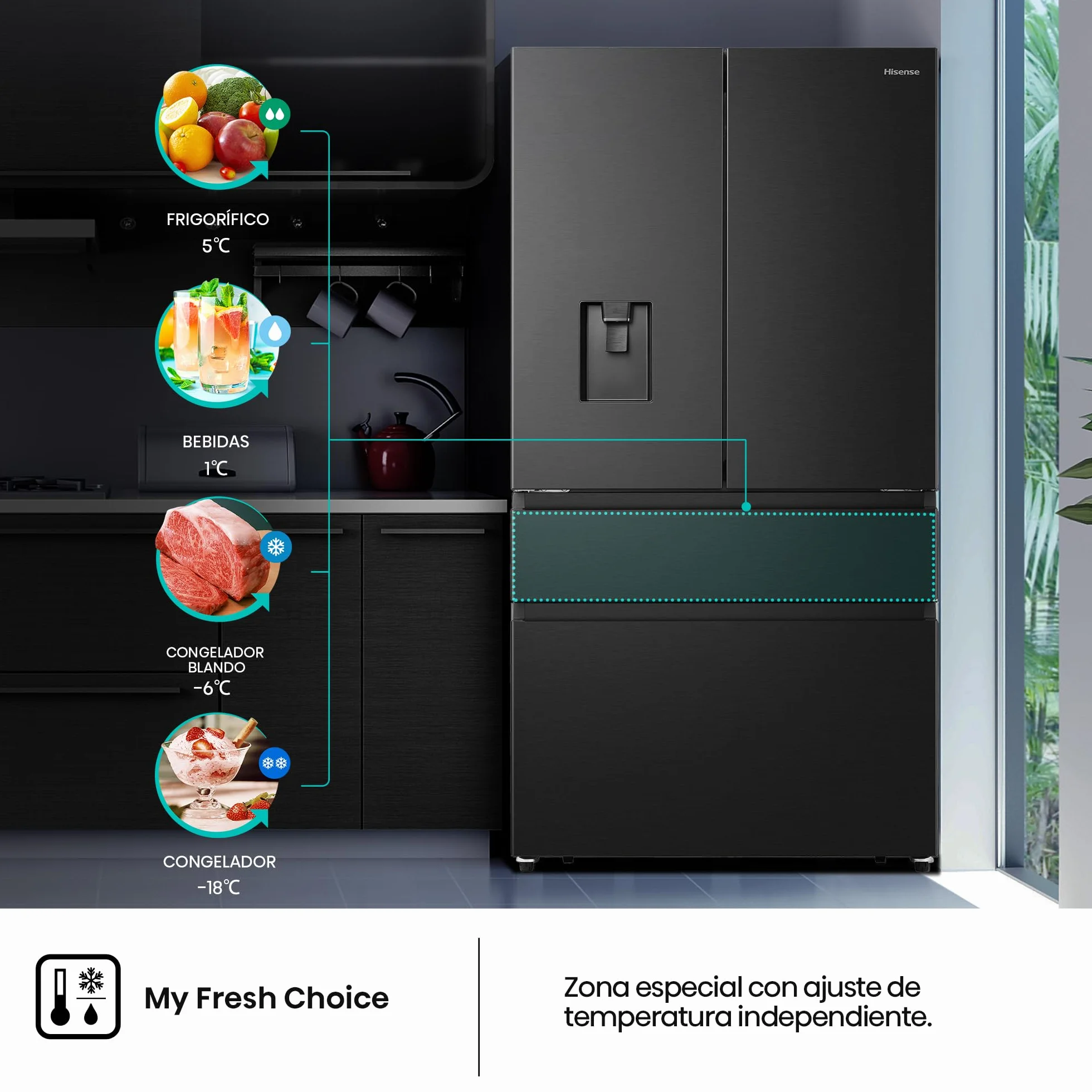 Hisense RF749N4SWFE - Frigorífico Americano Puerta Francesa Total No Frost, 579L,179cm, Metal-Tech Cooling, My Fresh Choice, Multi Airflow, Dispensador Agua con Depósito, Inverter, WiFi, Dark Inox