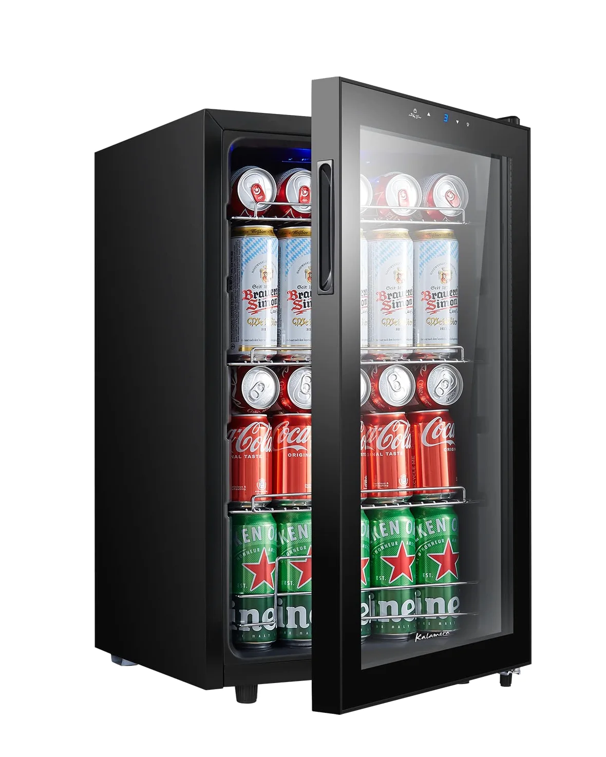 Kalamera KRC-68GE Refrigerador para bebidas, nevera pequeña para botellas con panel de control táctil, zona de enfriamiento de 3-18 °C, nevera de cerveza, 68 litros, 38 dB, luz interior LED azul