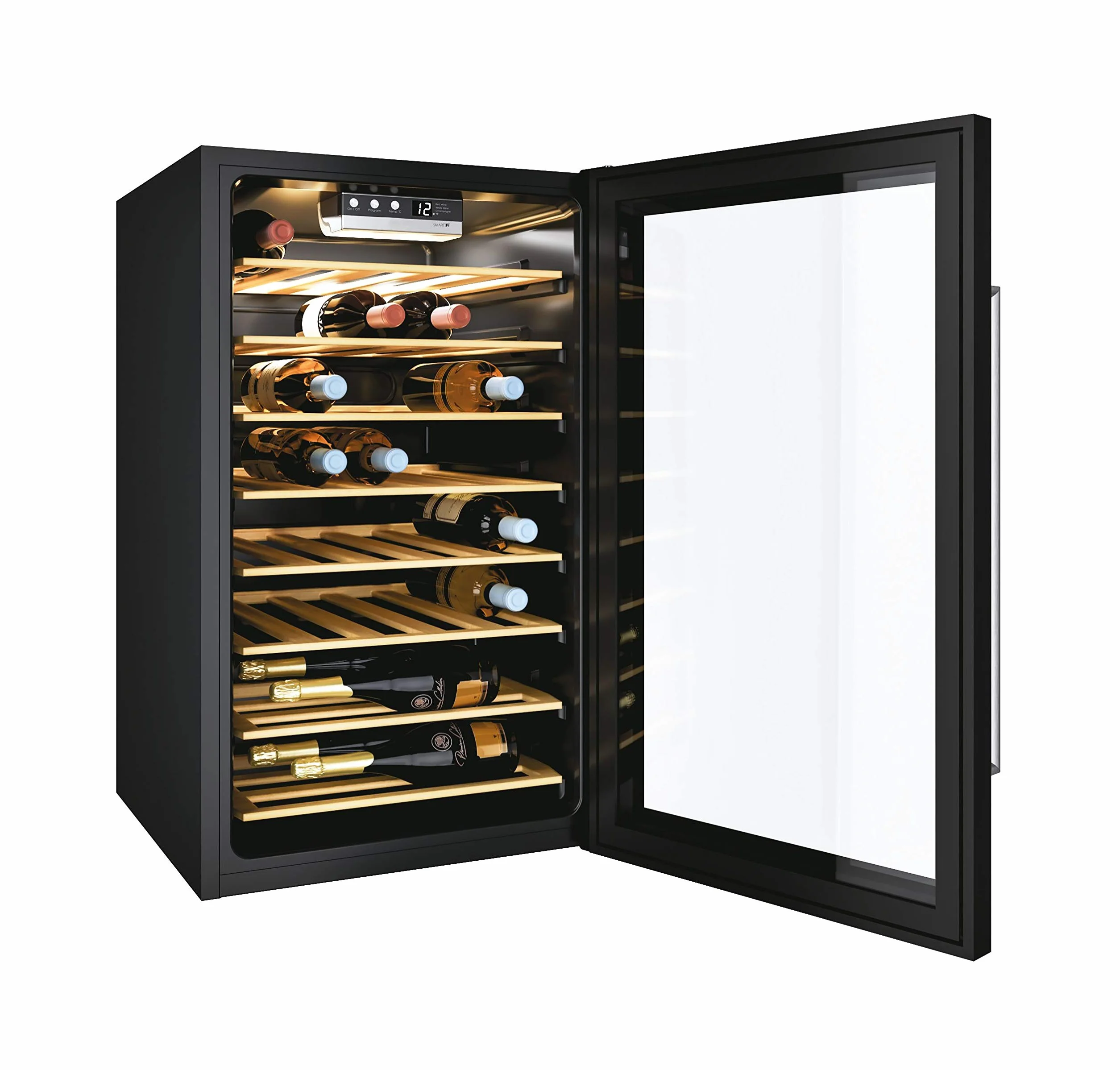 Candy CWC 154 EEL/N, Vinoteca, Capacidad 41 botellas, Wi-Fi, Luces LED, Baldas madera, Tratamiento anti uv, Puerta doble cristal reversible, 39dba, Clase A, Negro, 41 botellas plus Wi-Fi