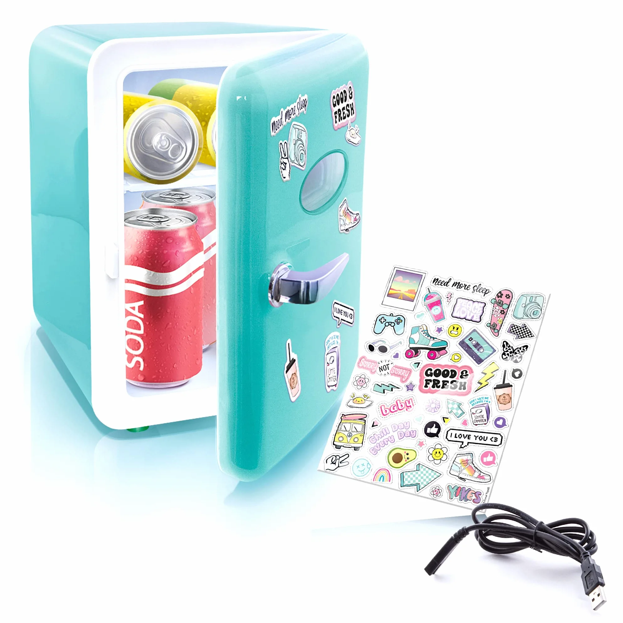 Canal Toys - Mini Fridge - Nevera Portátil - Refrigerador Azul Ideal para Regalo - Neverita con Cable USB y Pegatinas Decorativas - INF037