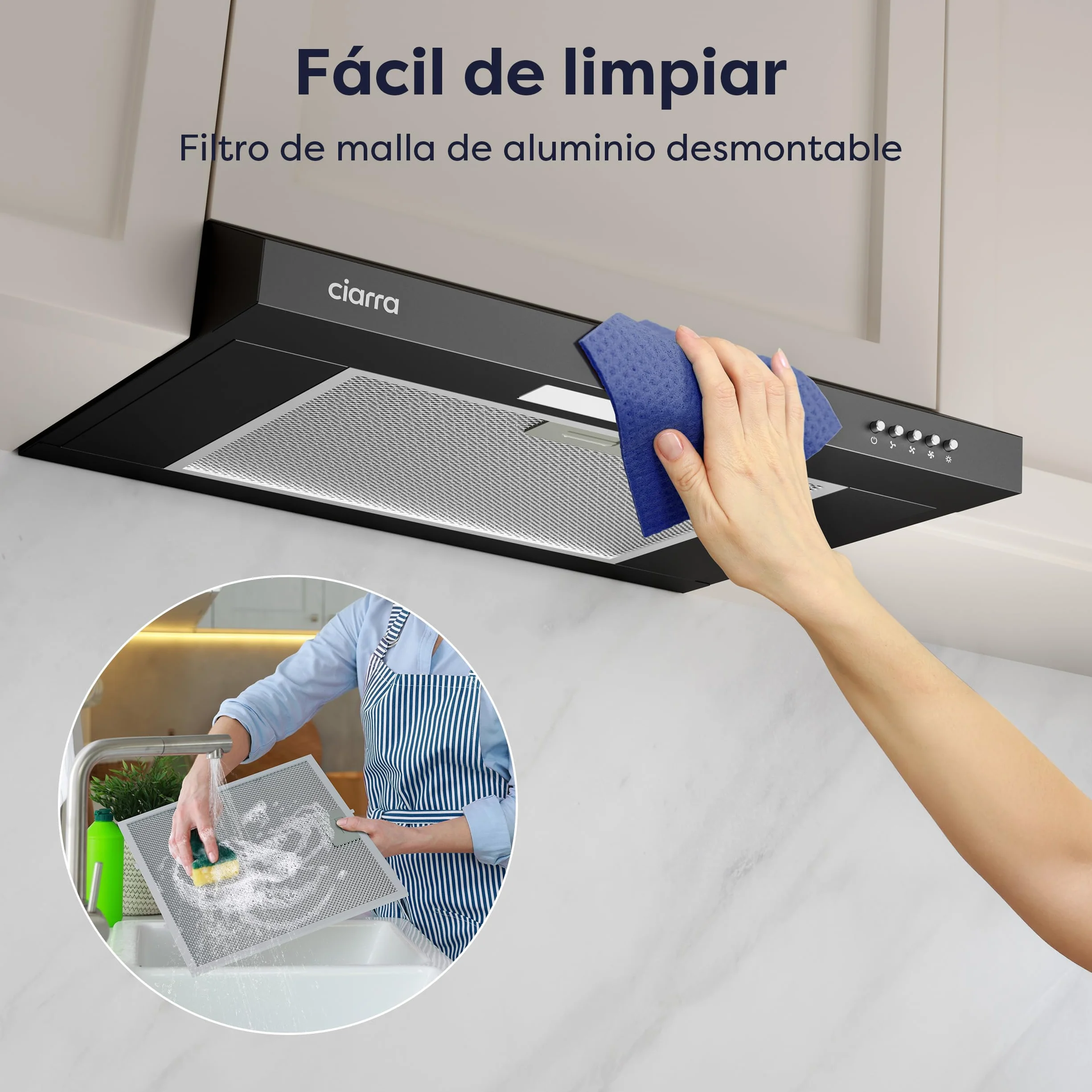 CIARRA CAB6903B Campana Extractora 60 cm Extractor Cocina 220m³/h 75W 3 Velocidades Cocina extractora integrada with Filtros de Aluminio