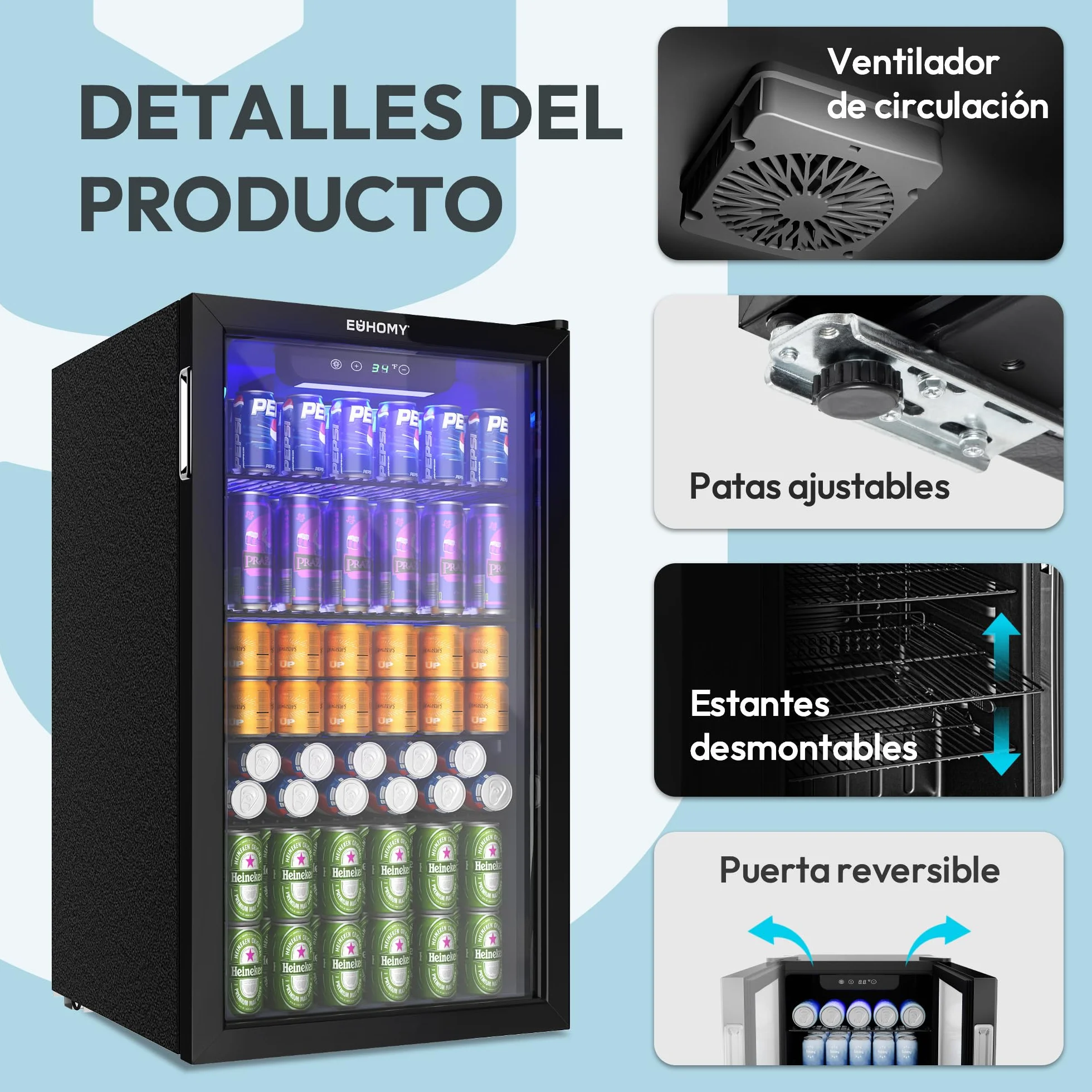 EUHOMY Refrigerador de bebidas, mini nevera para 126 latas con puerta de cristal, nevera pequeña con estantes ajustables para limonada, cerveza o vino, para el hogar/bar/oficina,