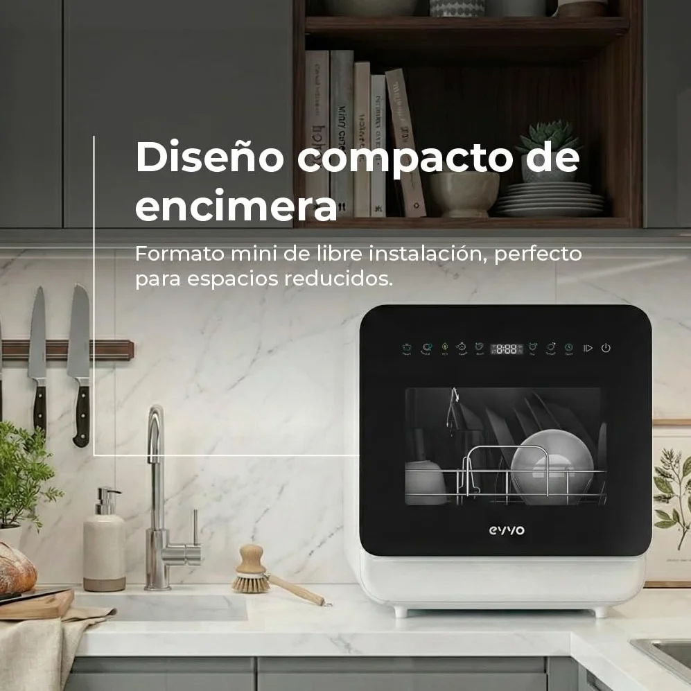 Lavavajillas EVVO Mini D Trip 3 – Lavavajillas Compacto Sobremesa, 3 Servicios, Clase Energética C, 6 Programas, Secado Extra Air Fresh, Panel LED Táctil, Inicio Diferido, Sin Instalación