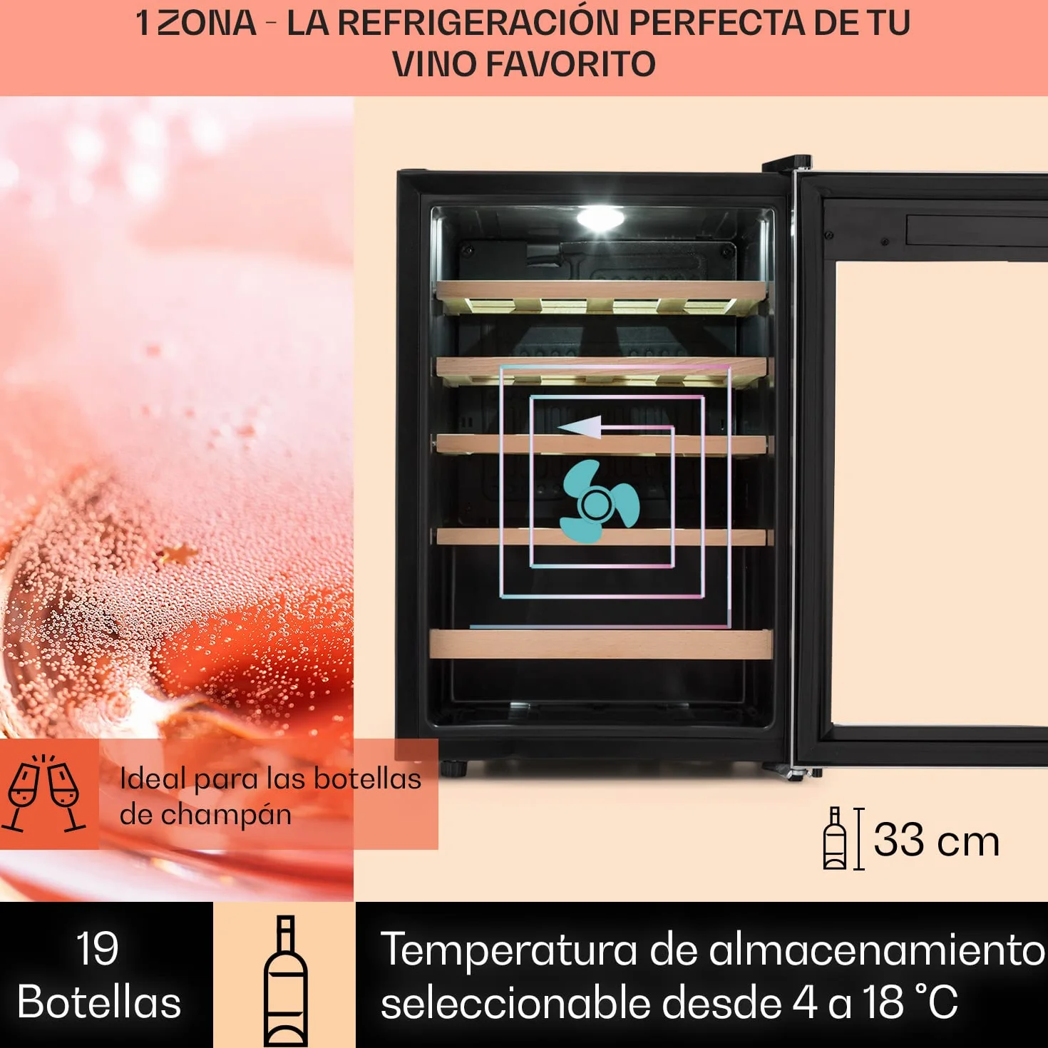 KLARSTEIN Vinoteca 19 Botellas, Nevera Vinos, Una Zona de Refrigeración, Nevera Expositora Vino y Cerveza, Vinoteca Interior y Exterior con Puerta de Cristal, Nevera Vino con Protección UV, 4-18°C