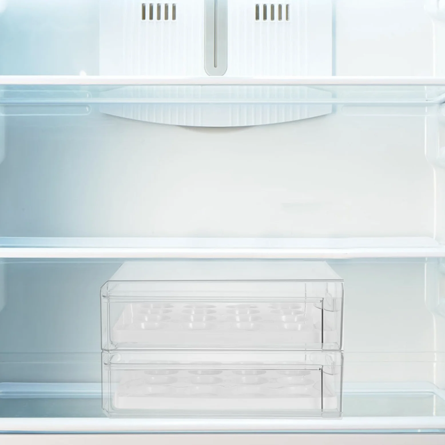 Huevera Transparente para Refrigerador de Plástico 2 Cajones, 32 Huevos | Doble Capa Orificios, Apilable y Deslizable, para Cocina y Frigorífico