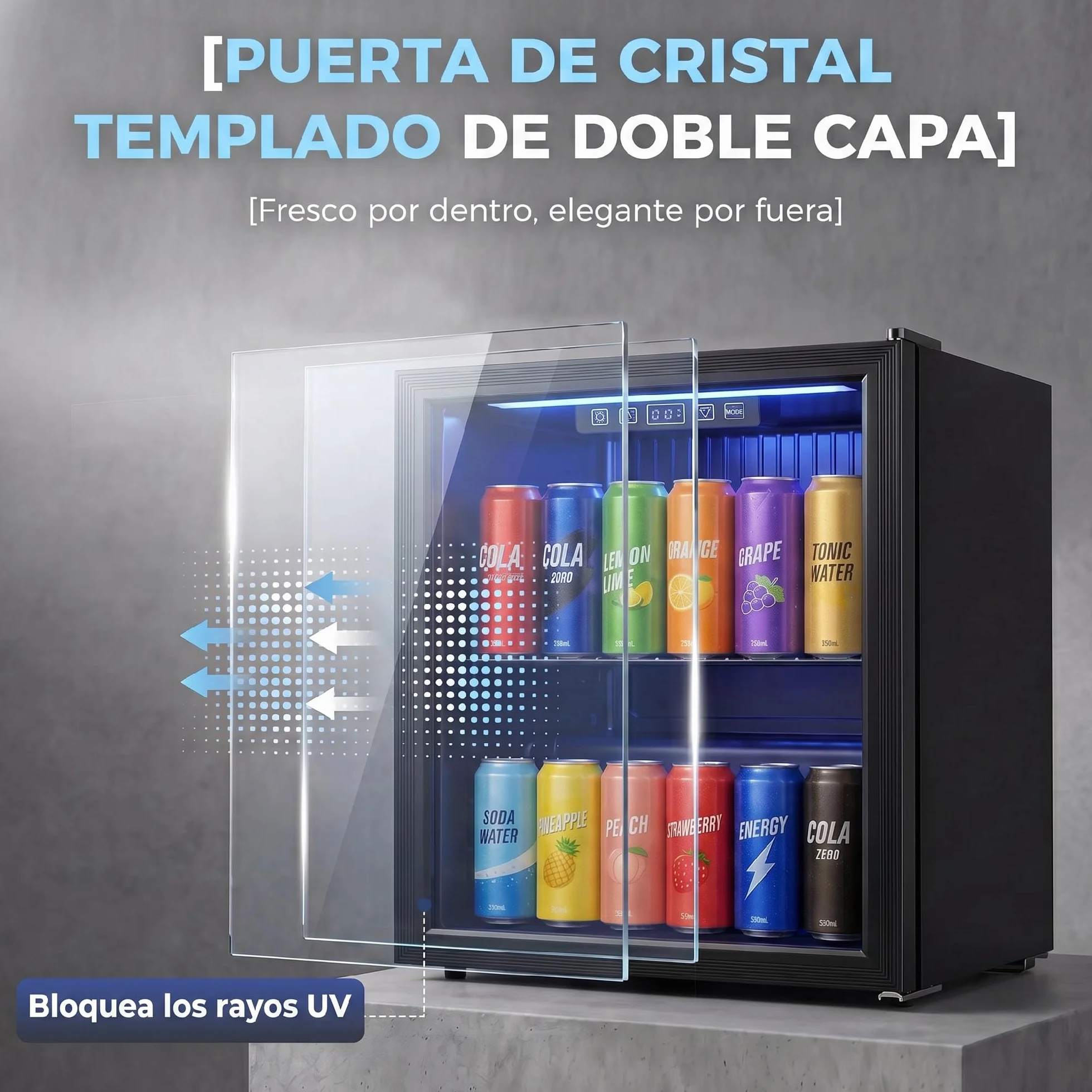 HOMCOM Frigorífico de Bebidas 50 L, Mini Nevera con Puerta de Vidrio Doble, Iluminación LED, Estante Ajustable, 2-18℃, para 48 Latas, Nevera Pequeña para Refrescos, Cerveza y Vino