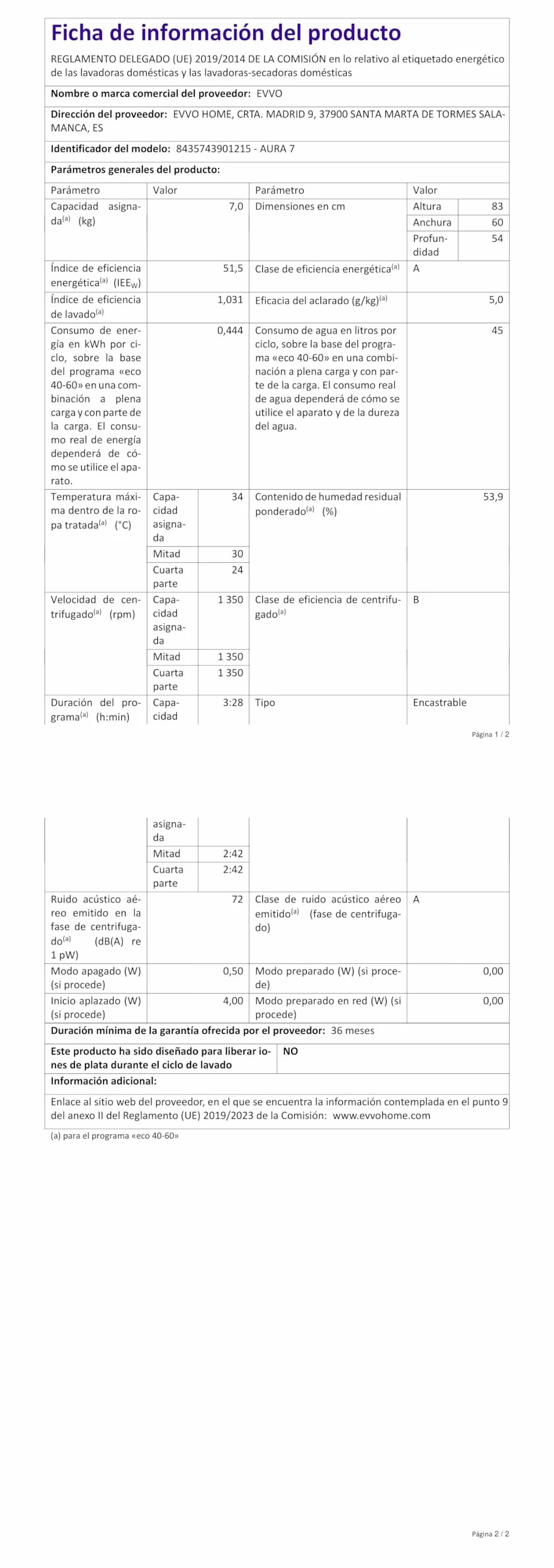 EVVO Lavadora Integrable 7kg, Vapor, Eficiciencia Clase A, Motor Inverter, Lavado Rápido 15', Bajo consumo, 1350 rpm, 15 programas, Carga frontal, Blanco, Aura (7Kg)