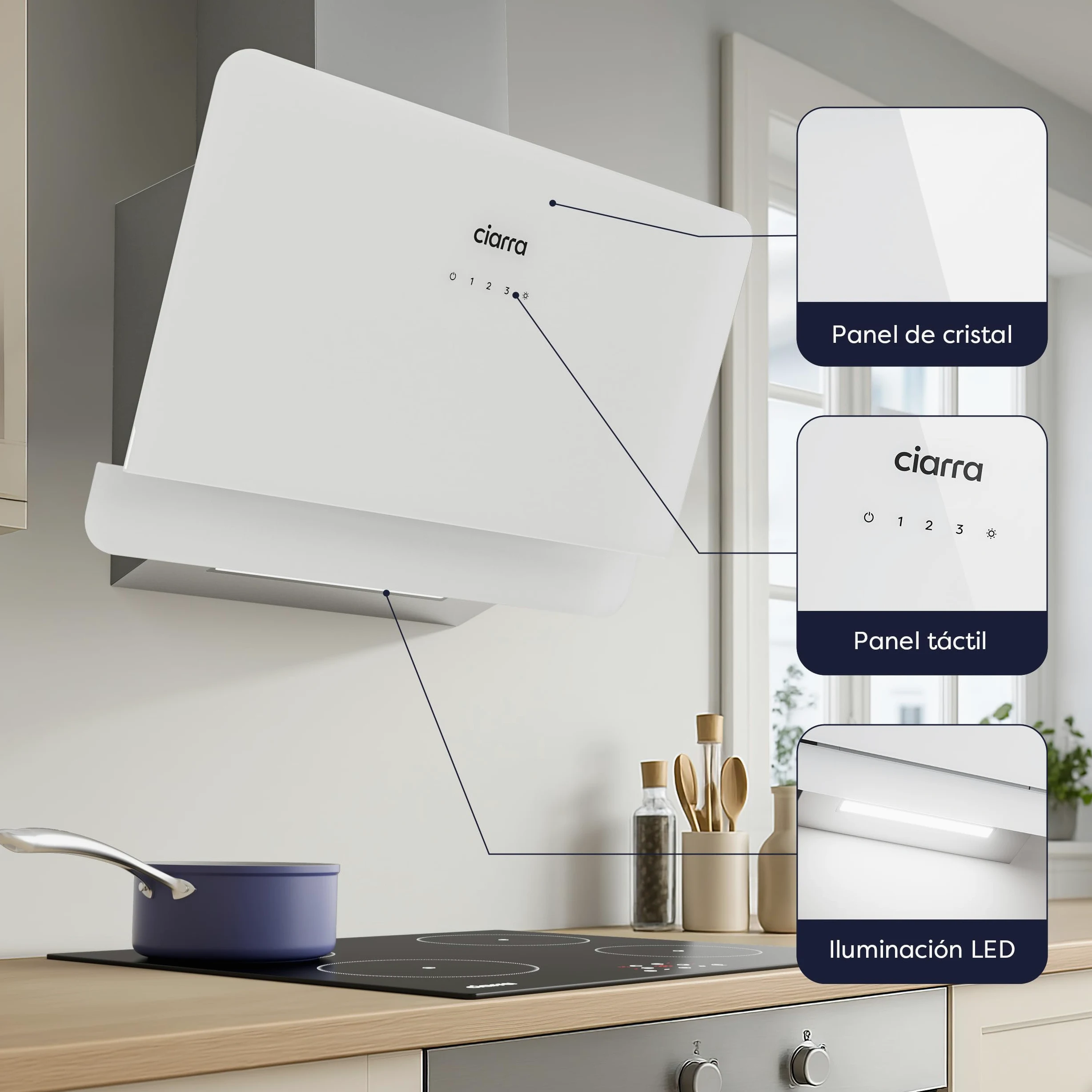 Ciarra CBCS6765C Clase A+ Campana Extractora 60 cm 580 m³/h Blanco | 3 Velocidades - Modo Reciclaje o Evacuación - Filtro de Carbón CBCF055 Incluido - Control Táctil - Panel de Cristal