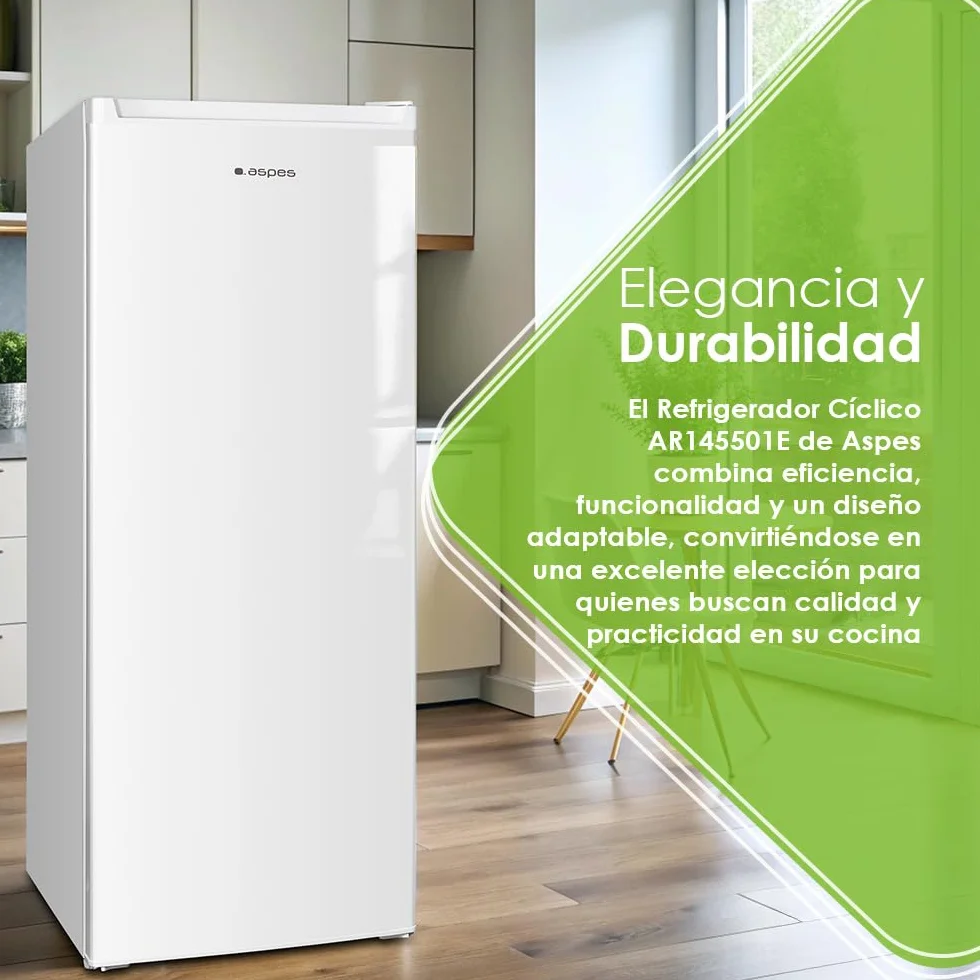 Aspes Frigorífico Refrigerador Blanco AR145501E. Capacidad 242 Litros, Puerta Reversible, Bajo Nivel Sonoro, Eficiencia Energética Clase E