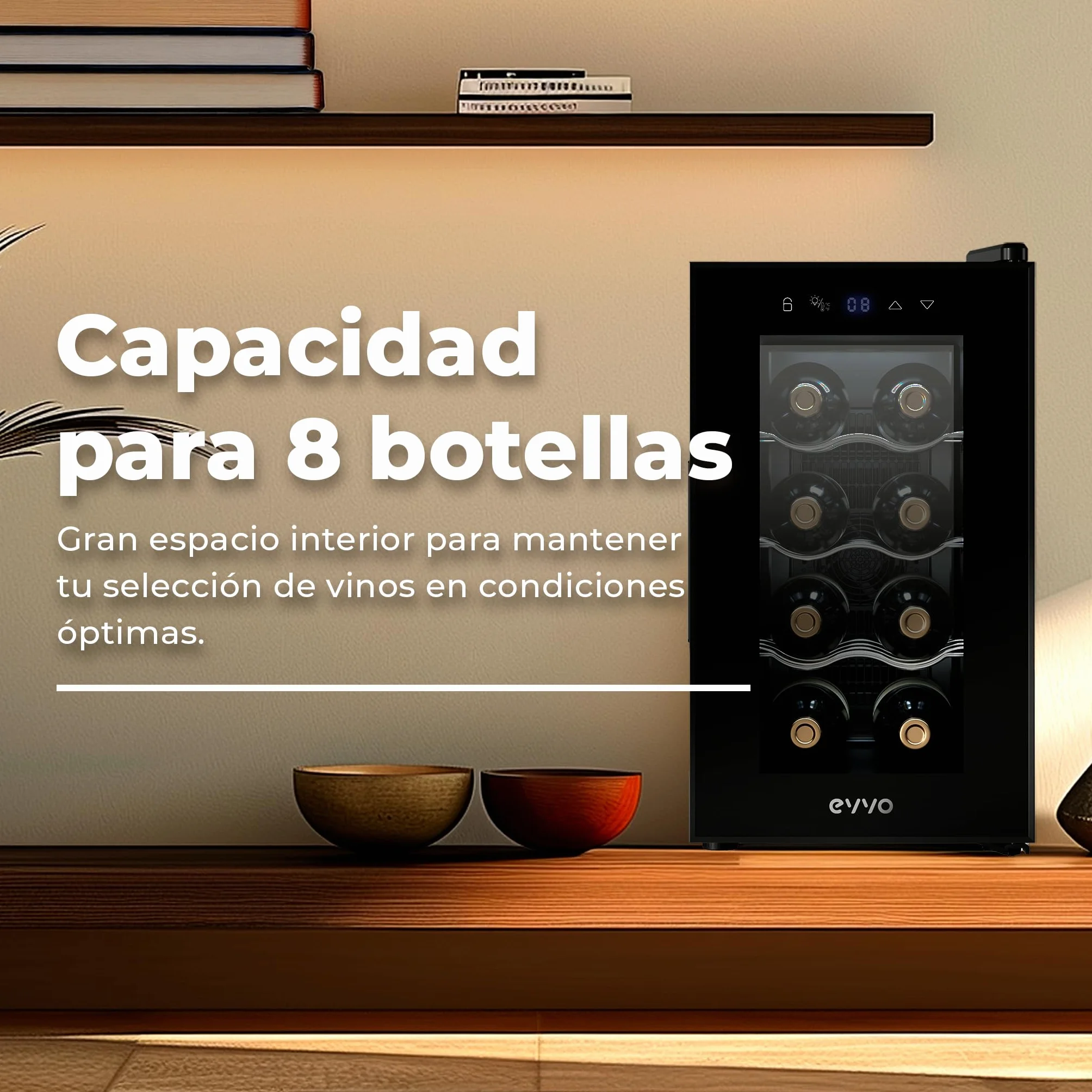 EVVO Vinoteca VT8 - Enfriador de Botellas de Vino, Nevera Pequeña para 8 Botellas, Enfriador de Vino Silencioso, Control Táctil, Luz LED, Botellero Vertical, Temperatura Ajustable 8-18ºC