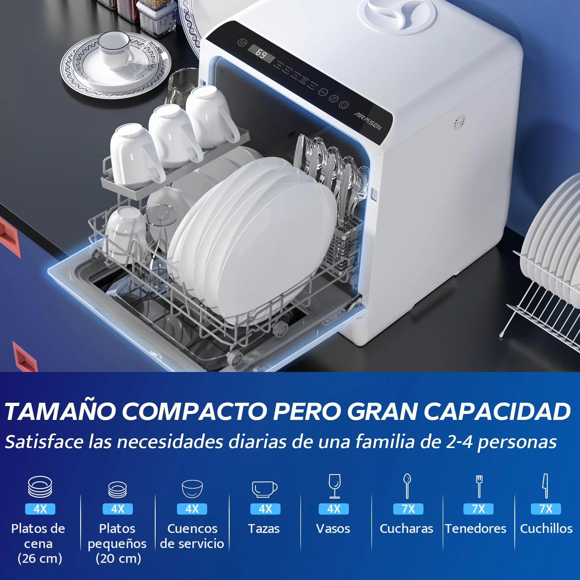 AIRMSEN Mini Lavavajillas de Sobremesa con 5+1 Programas, Depósito de 5 Litros, 2 Formas de Suministro de Agua, Control Táctil y Pantalla LED, Ideal para Cocinas Familiares, Apartamentos y Dormitorios
