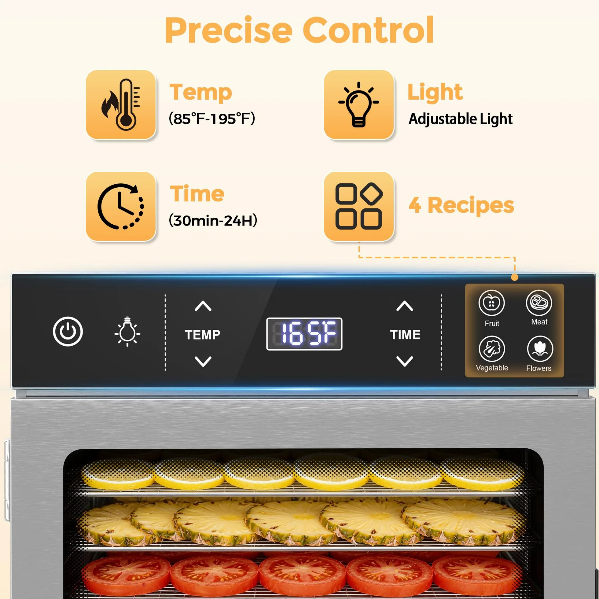 Suteck Secador de alimentos con 12 cuencos, 800 W con cuencos de acero inoxidable, ventiladores dobles y flujo de aire de 360°, control digital de temperatura y