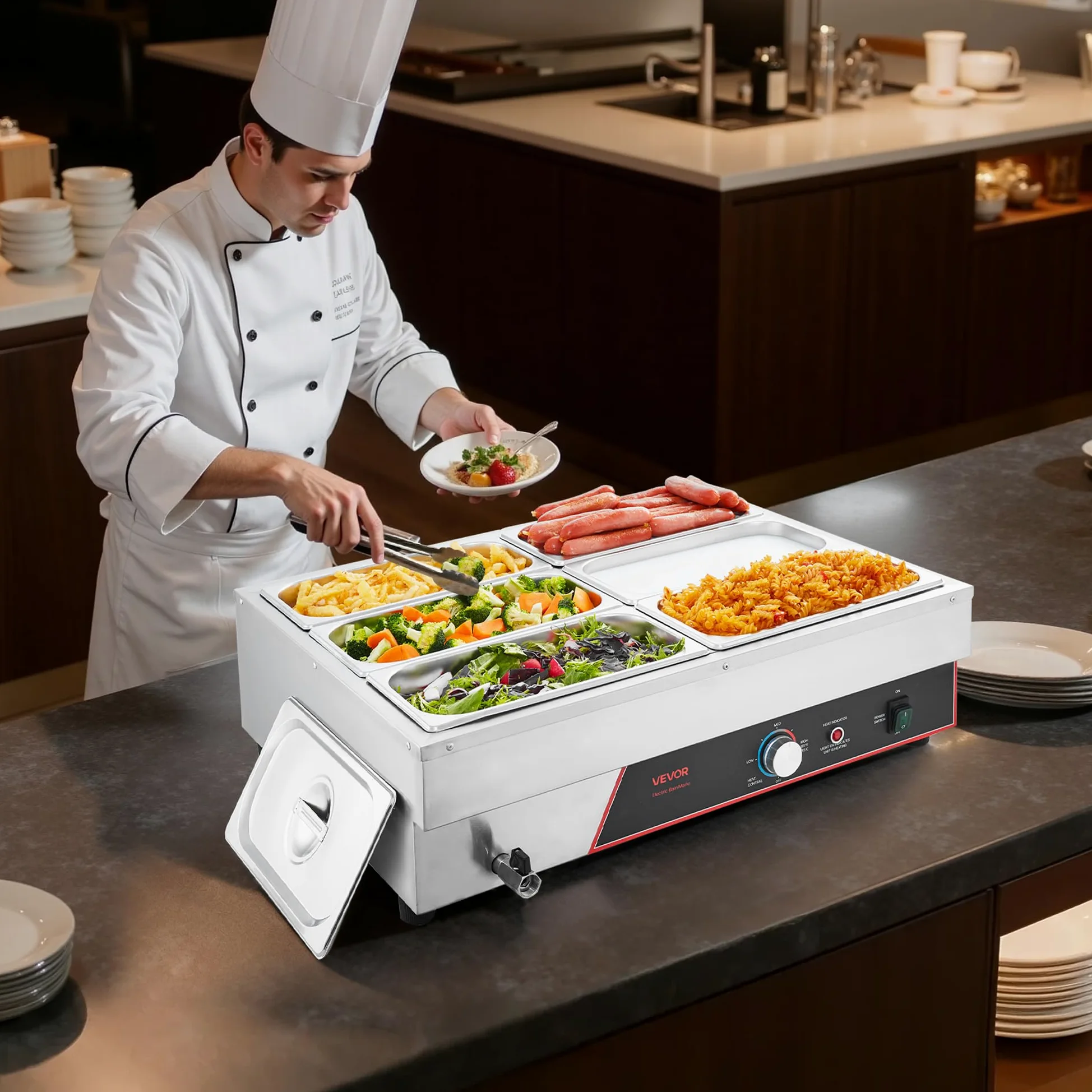 VEVOR Calentador de Alimento, con 6 Recipientes de 1/3 de Tamaño y Cable de Alimentación, de Acero Inoxidable, 1500 W, por Baño María, para Restaurantes, Fiestas y Buffets, 690 x 570 x 220 mm