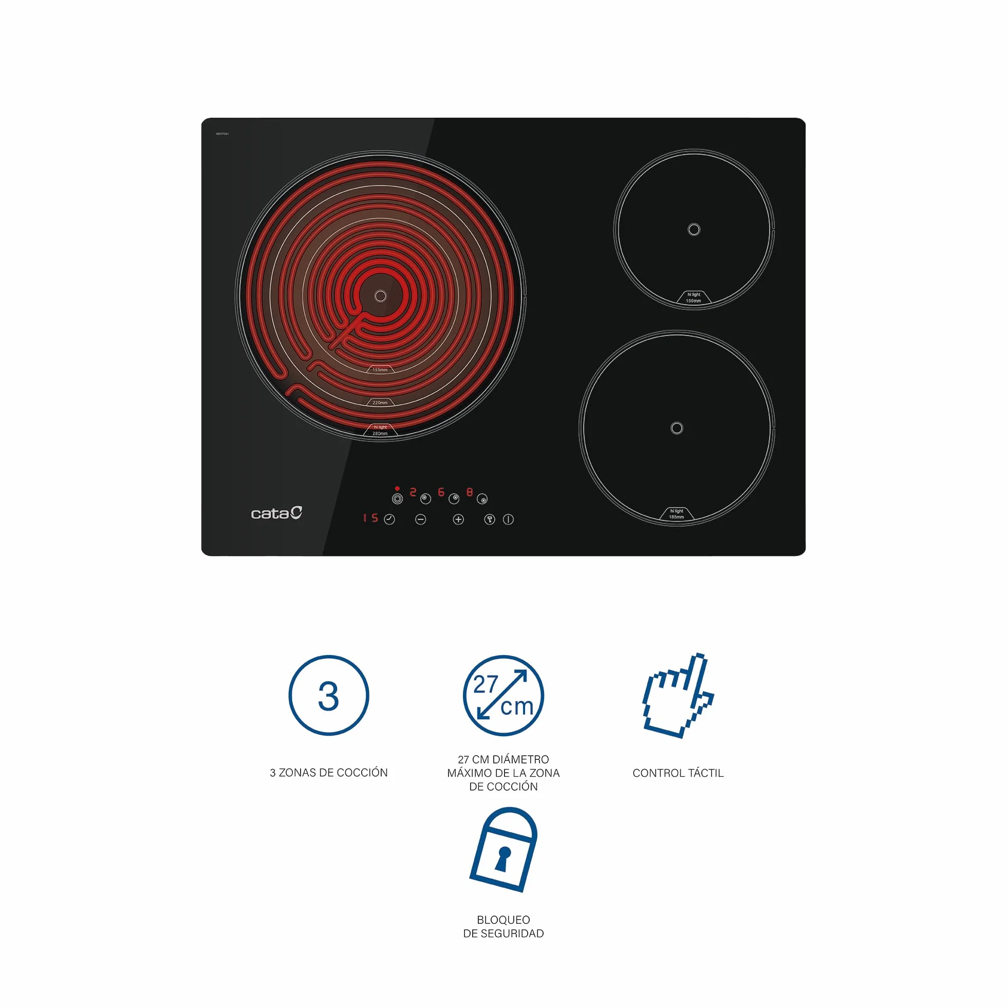 Cata | Placa de inducción | Modelo TT 5003/G | 3 Zonas de Cocción | Placa con 9 Niveles de Potencia Regulables + Booster | Ancho de 59cm | Acabado en Color Negro