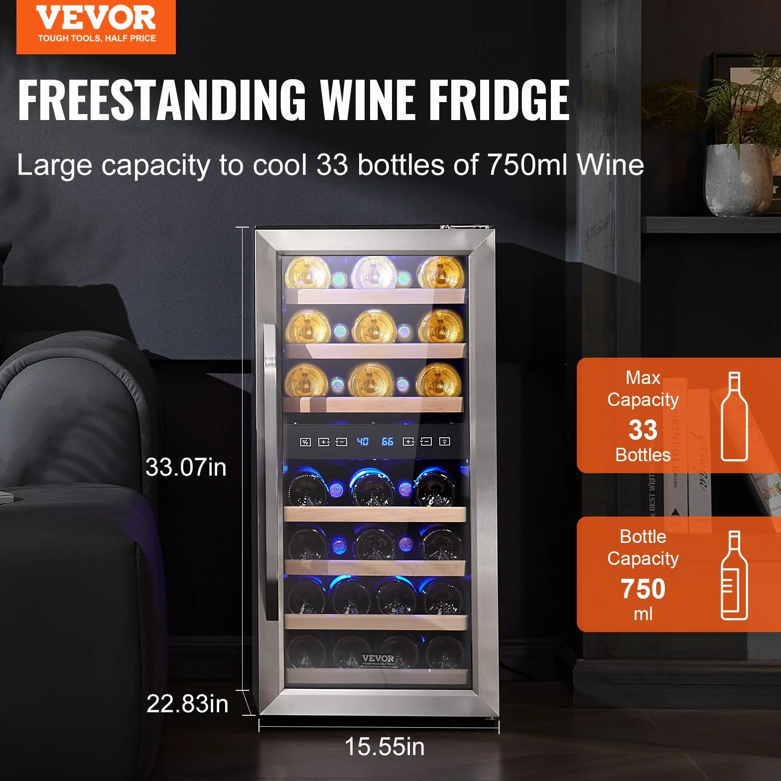 VEVOR Enfriador de Vino para 33 Botellas de Doble Zona y Temperatura, Independiente con Refrigeración por Aire Circulante y Control Digital, Puerta de Vidrio Templado Protección UV, 395 x 580 x 840 mm