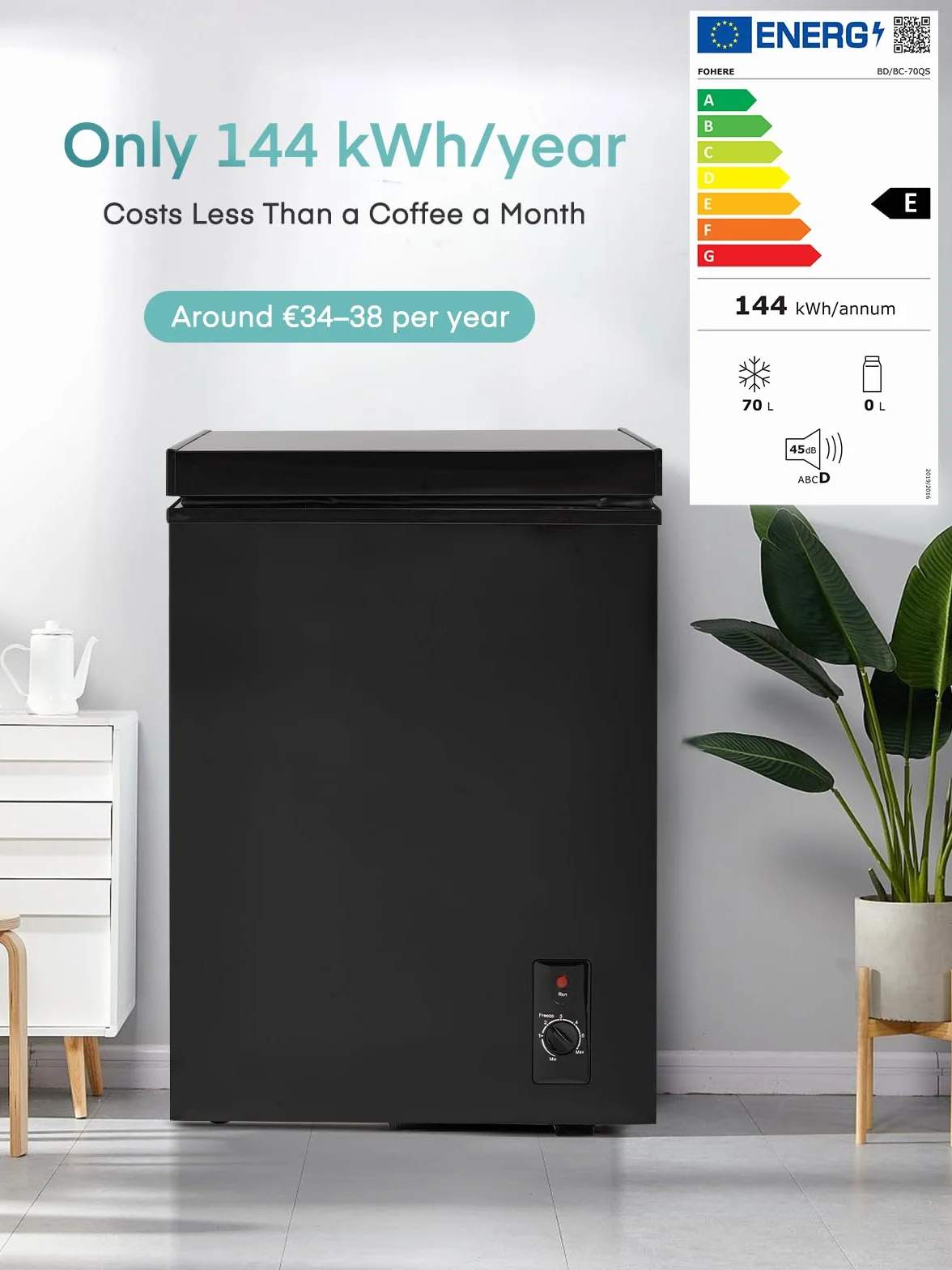 FOHERE Congelador Horizontal, Capacidad 70L, Alto 72.5 cm, Cesta con Asa, Silencioso 45 dBA, 6 Ajustes de Temperatura, Negro